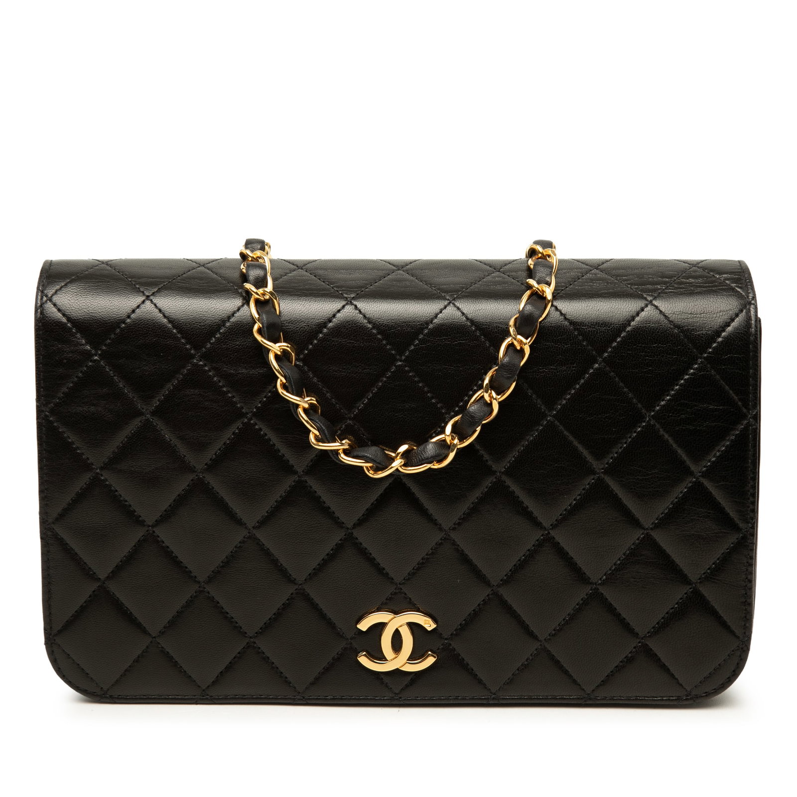 Chanel CC Full Single Flap Quilted Lambskin Shoulder Bag: Chanel CC Full Single Flap Quilted Lambskin Shoulder Bag A Chanel CC Quilted Lambskin Full Single Flap shoulder bag crafted in black quilted lambskin leather. It features a leather-woven chain strap, 