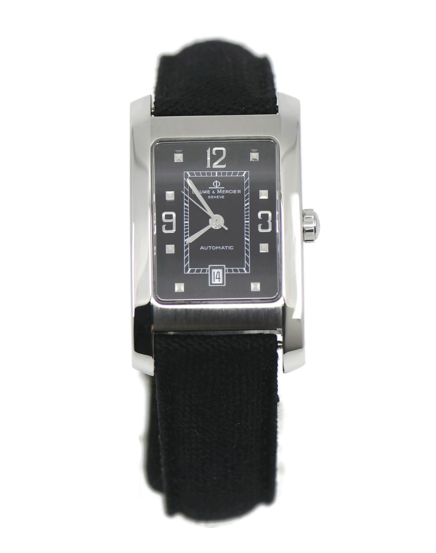 Baume & Mercier Hampton Automatic Mens Wristwatch MV045120: Baume & Mercier Hampton Automatic Mens Wristwatch MV045120 Baume & Mercier Hampton men's wristwatch with a stainless steel case, black dial, and black leather strap. This automatic mechanical watch fe