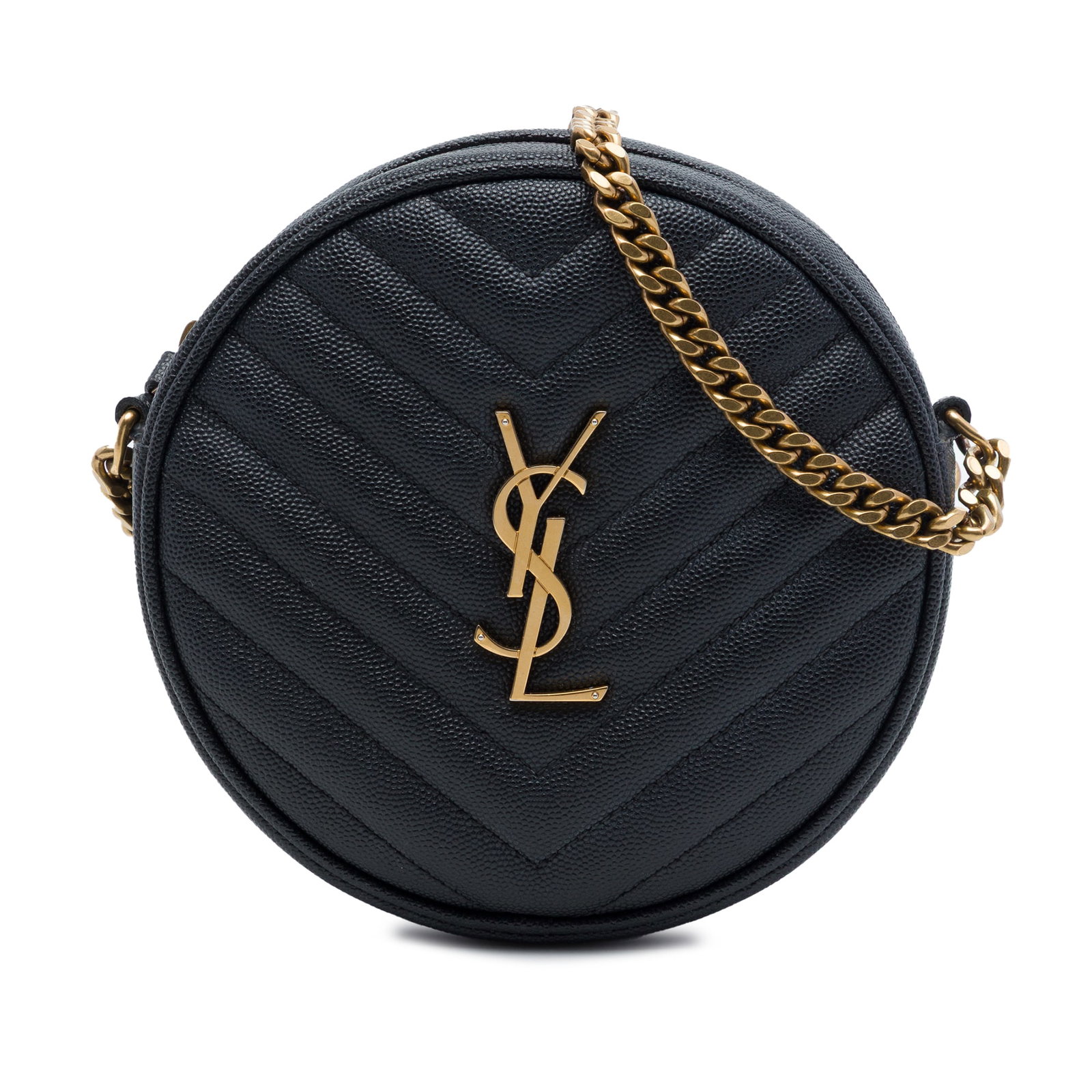 Saint Laurent Round Vinyle Camera Bag Chevron Grain De Poudre Leather: Saint Laurent Round Vinyle Camera Bag Chevron Grain De Poudre Leather Saint Laurent Chevron Grain De Poudre Round Vinyle Camera Bag in black grained quilted leather. This round crossbody style feature
