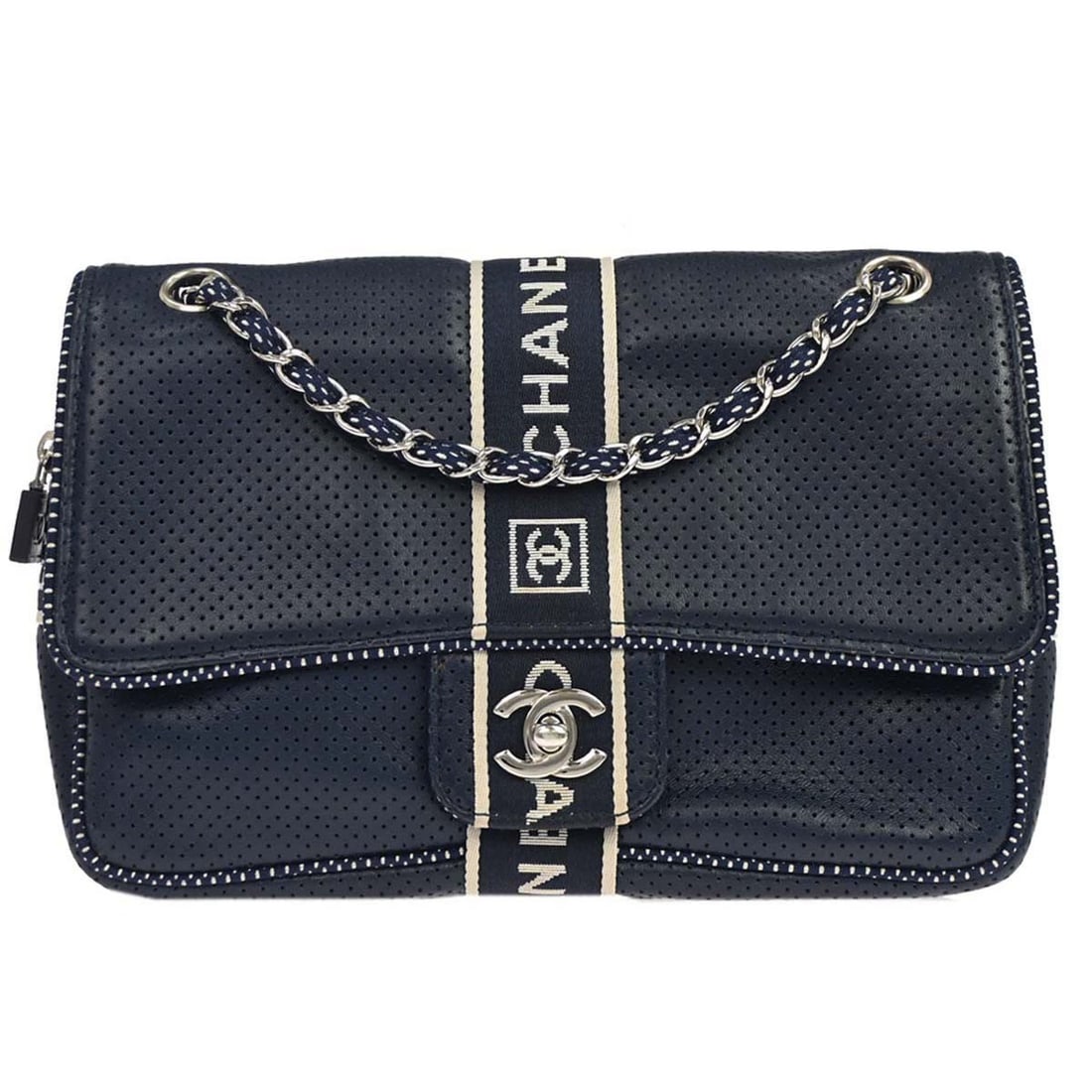CHANEL Sport Line Small Navy Lambskin Shoulder Bag: CHANEL Sport Line Small Navy Lambskin Shoulder Bag Small Chanel Sport Line shoulder bag in navy perforated lambskin with a turn-lock closure and shoulder strap. Made in Italy, this women's bag include