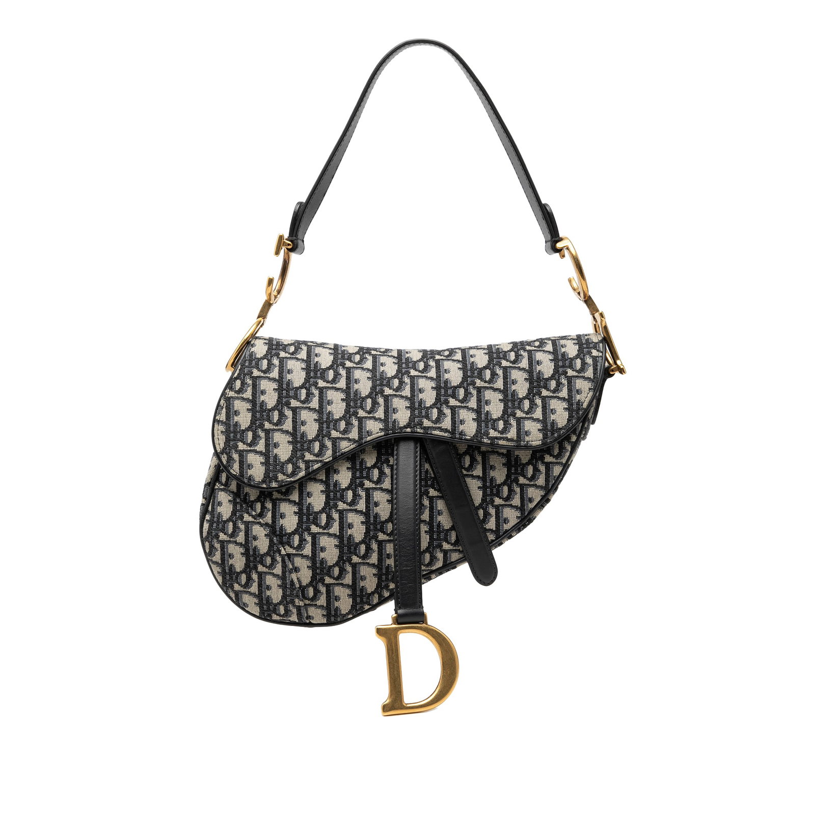 Dior Saddle Shoulder Bag in Blue Oblique Canvas: Dior Saddle Shoulder Bag in Blue Oblique Canvas Dior Oblique Canvas Saddle Bag with leather trim, a flat leather strap, front flap with magnetic closure, and an interior zip pocket. Made in Italy. Con