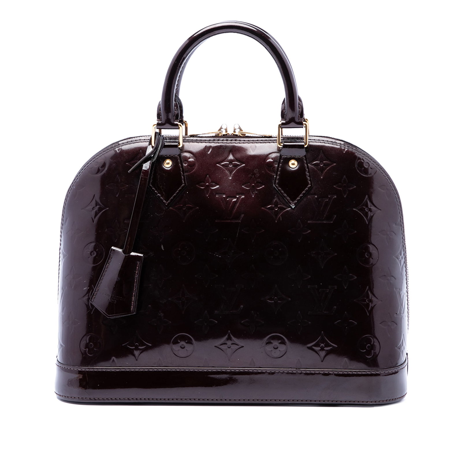 Louis Vuitton Alma PM Monogram Vernis Leather Handbag Purple: Louis Vuitton Alma PM Monogram Vernis Leather Handbag Purple A structured Louis Vuitton Alma PM handbag crafted in purple Monogram Vernis leather. This bag features rolled leather handles, a top zip c