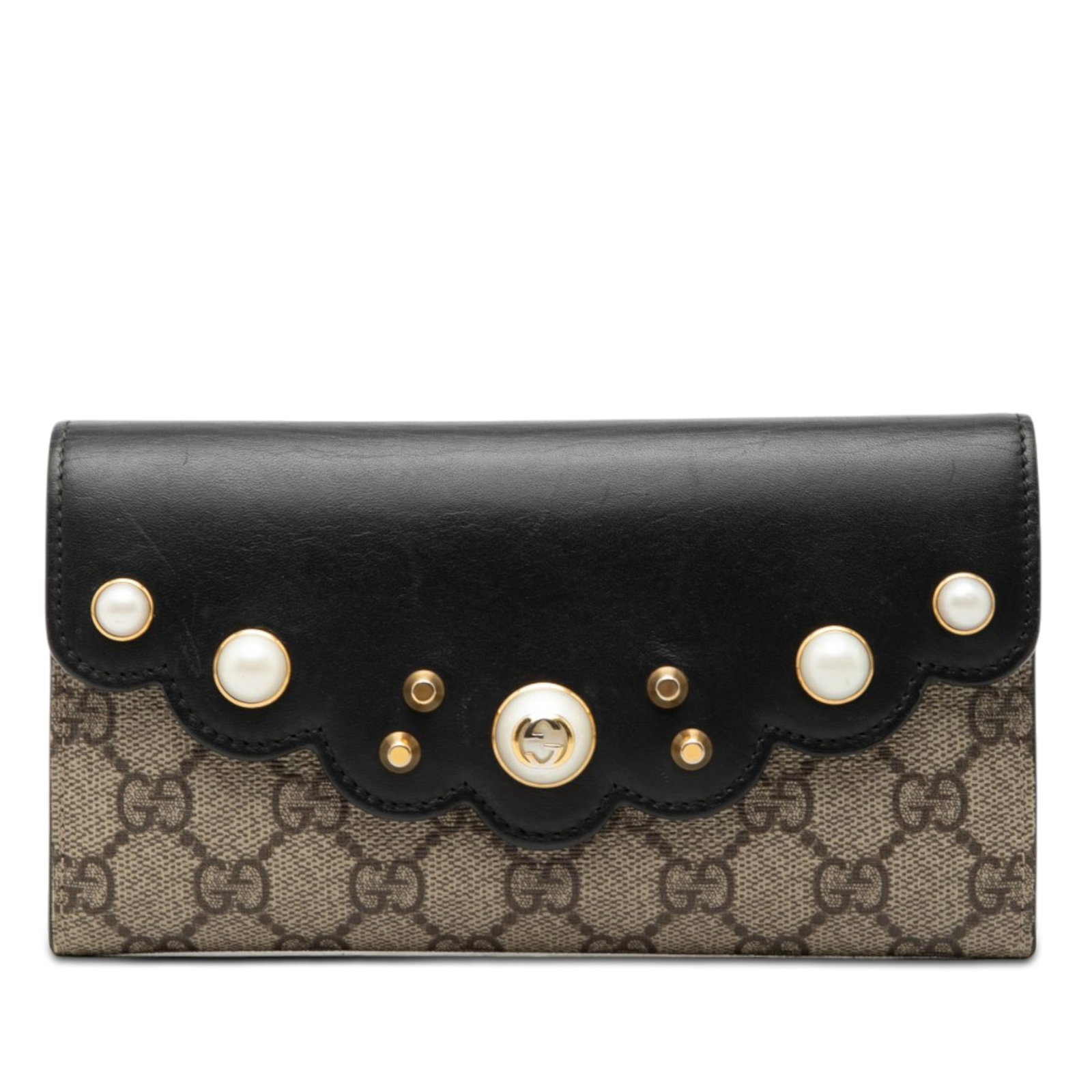 Gucci Peony Long Wallet GG Supreme with Pearl Studs: Gucci Peony Long Wallet GG Supreme with Pearl Studs Gucci GG Supreme Pearl Studded Peony long wallet with a coated canvas and leather body, front leather flap, faux pearl detailing, magnetic snap clos