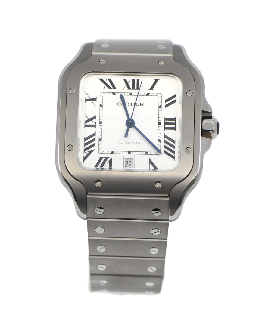 Cartier Santos WSSA0089 40mm titanium automatic wristwatch: Cartier Santos WSSA0089 40mm titanium automatic wristwatch Pre-owned Cartier Santos large wristwatch, reference WSSA0089, with a square titanium case and matching titanium bracelet. This automatic wat