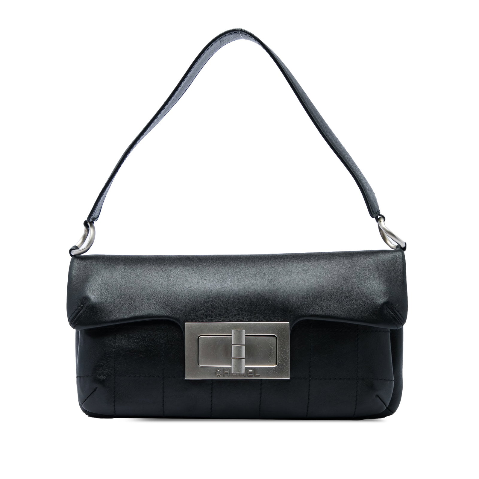 Chanel Mademoiselle Shoulder Bag in Black Calfskin Leather: Chanel Mademoiselle Shoulder Bag in Black Calfskin Leather Chanel Mademoiselle shoulder bag in black calfskin with square stitched detailing. The bag features a flat leather shoulder strap, a front fl