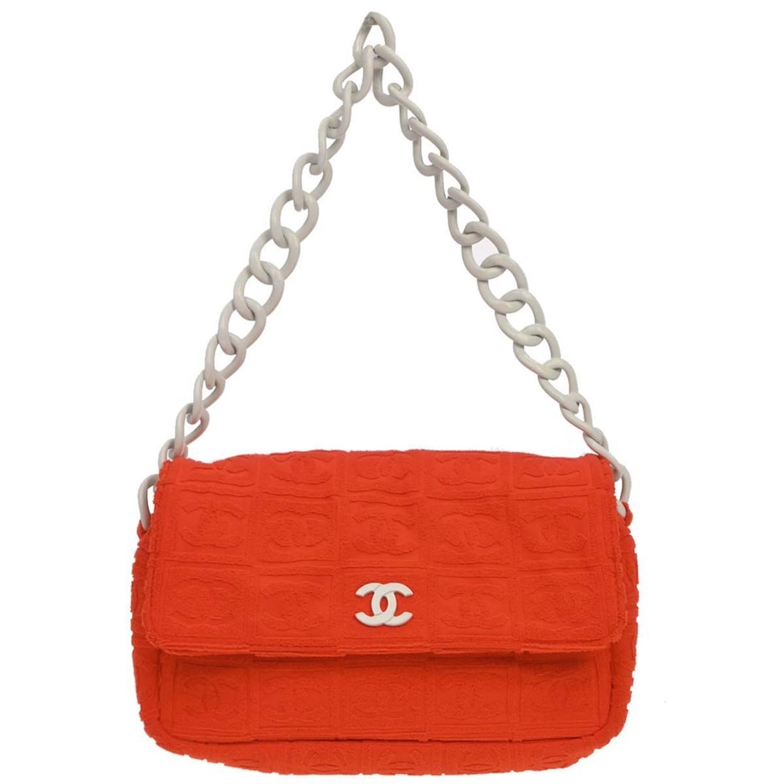 CHANEL CC small orange cotton top handle handbag: CHANEL CC small orange cotton top handle handbag Small Chanel Sport Line handbag in orange cotton with a top handle and turn-lock closure. The bag features inner pockets and includes a serial sticker,
