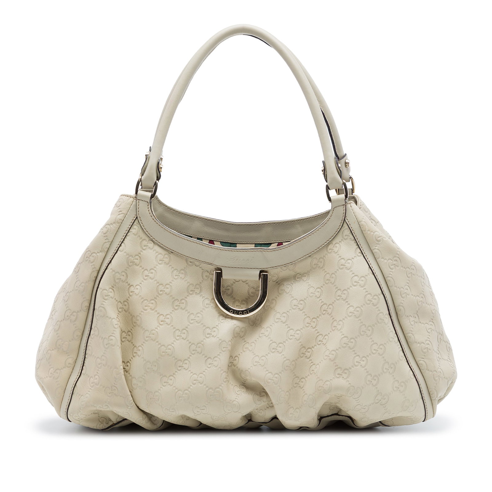 Gucci Abbey D Ring Guccissima Leather Shoulder Bag White: Gucci Abbey D Ring Guccissima Leather Shoulder Bag White A Gucci Guccissima Abbey D Ring shoulder bag crafted in white leather with rolled leather straps, an open top, and interior zip and slip pocket