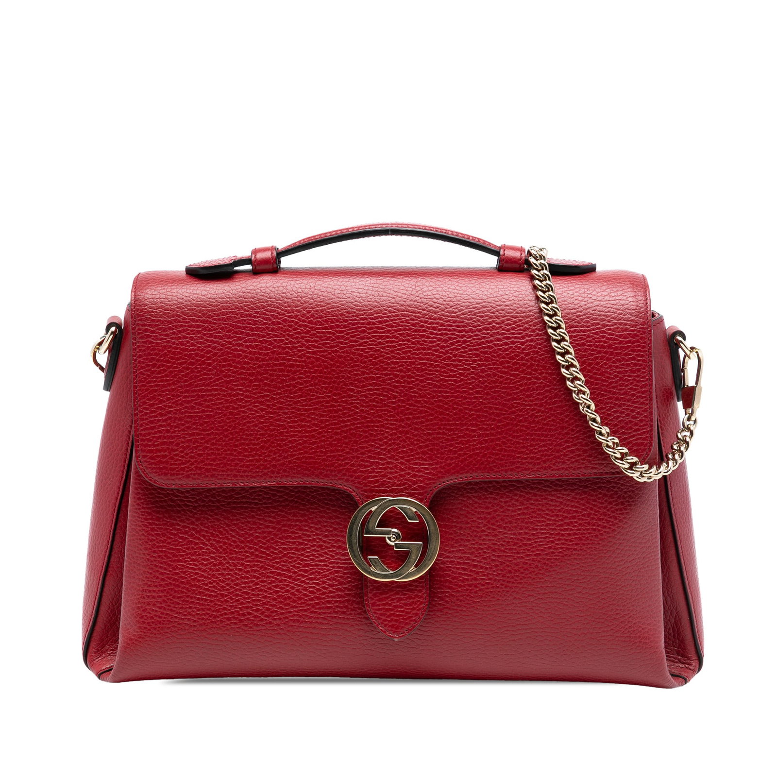 Red Leather Satchel with Interlocking G Logo by Gucci Medium Dollar Calf: Red Leather Satchel with Interlocking G Logo by Gucci Medium Dollar Calf This Gucci Medium Dollar Calf Interlocking G Satchel features a red leather body with a chain-link shoulder strap and a flat le