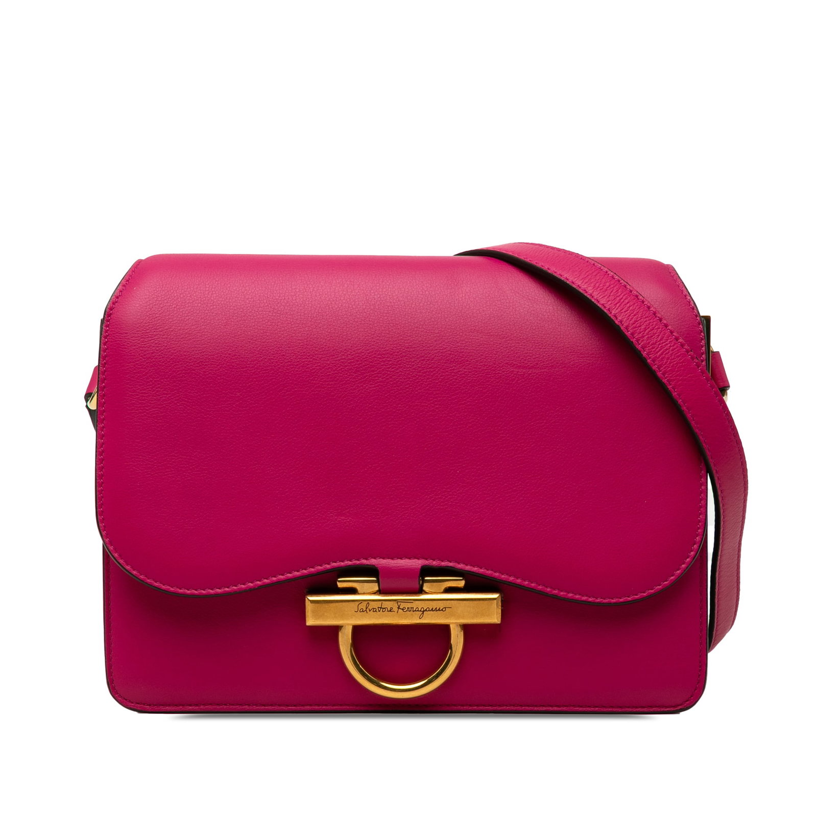 Ferragamo Joanne Gancini Pink Leather Crossbody Bag: Ferragamo Joanne Gancini Pink Leather Crossbody Bag Ferragamo Joanne crossbody bag in pink calf leather with the signature Gancini detail. This Italian-made bag features an adjustable flat leather sho