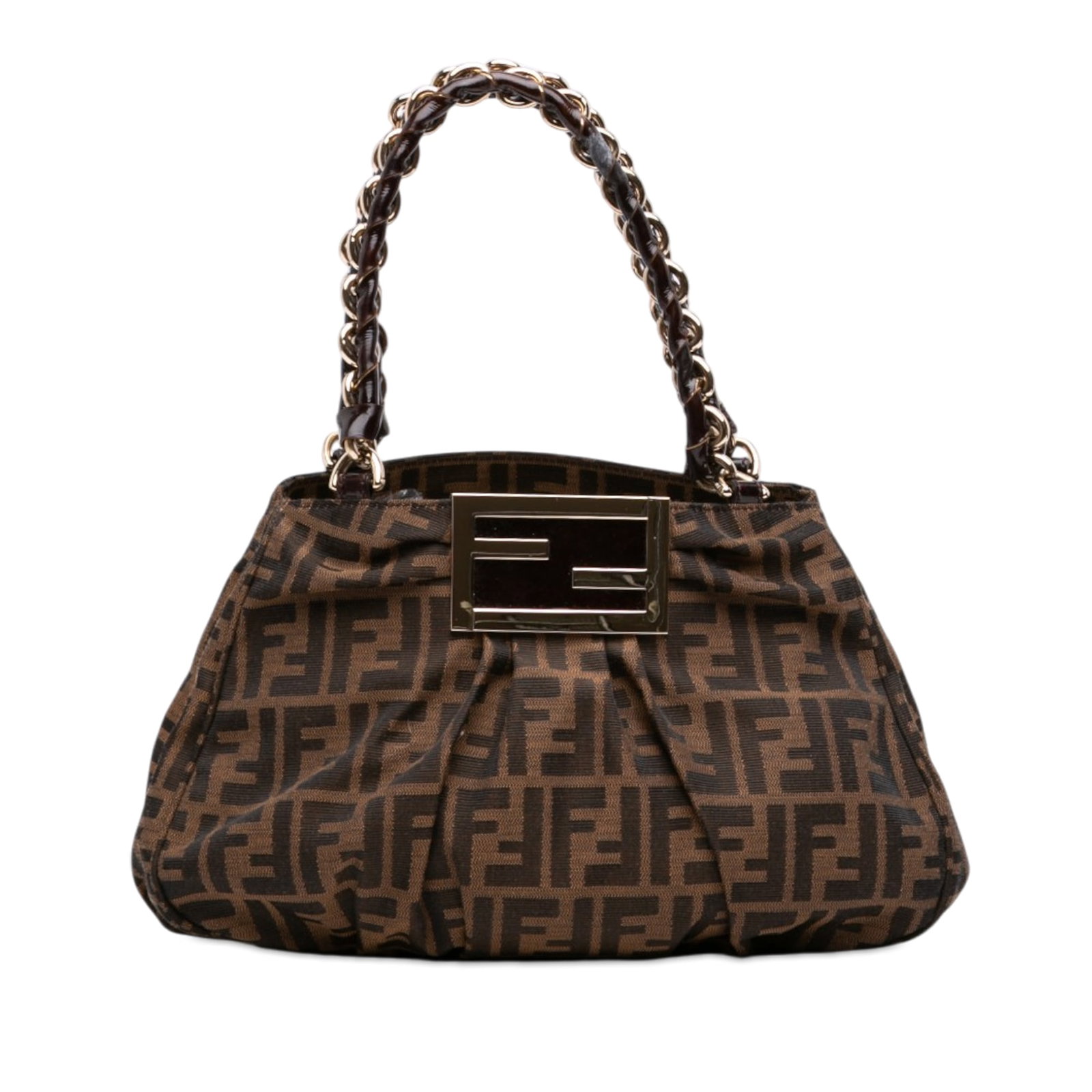Fendi Mia Chain Tote Small Zucca Canvas Bag: Fendi Mia Chain Tote Small Zucca Canvas Bag Small Fendi Mia chain tote crafted with a canvas body and leather woven chain link shoulder straps. The bag features an open top and an interior with zip an