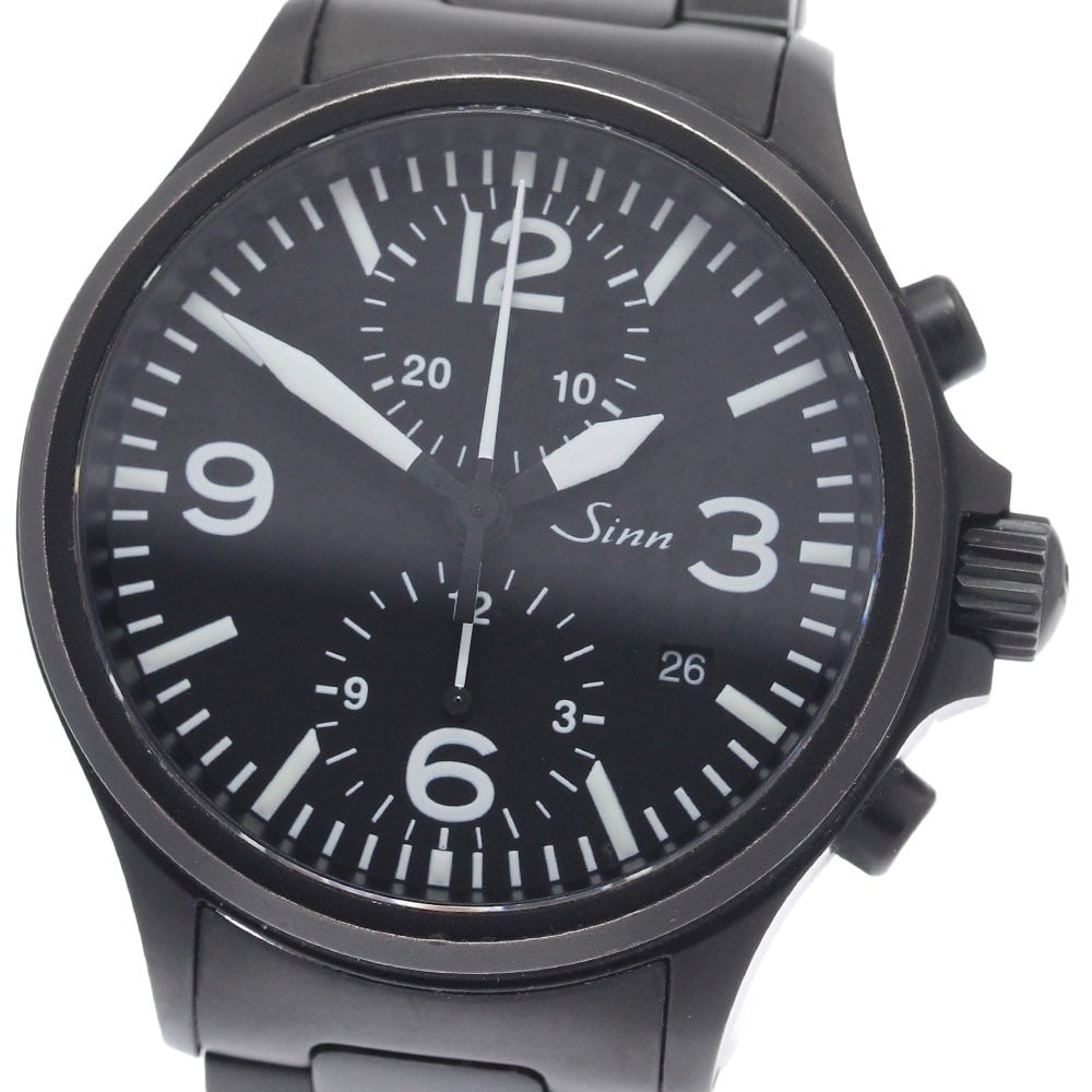 Sinn 756 automatic mens chronograph wristwatch with date: Sinn 756 automatic mens chronograph wristwatch with date Sinn 756 automatic chronograph wristwatch for men with a black dial, stainless steel case, and stainless steel bracelet. Features include a dat