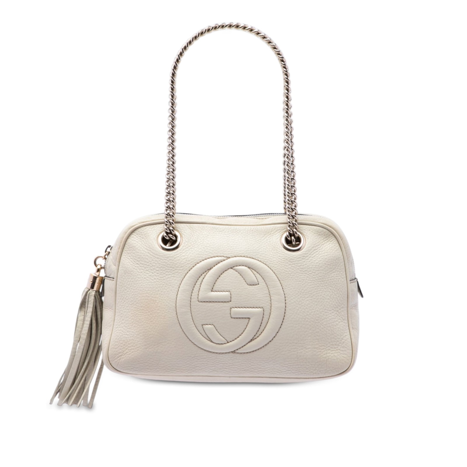 Gucci Soho Chain Zip Shoulder Bag in White Leather: Gucci Soho Chain Zip Shoulder Bag in White Leather A Gucci Soho chain shoulder bag crafted in white leather with chain link straps and a top zip closure finished with a tassel zipper pull. The interio