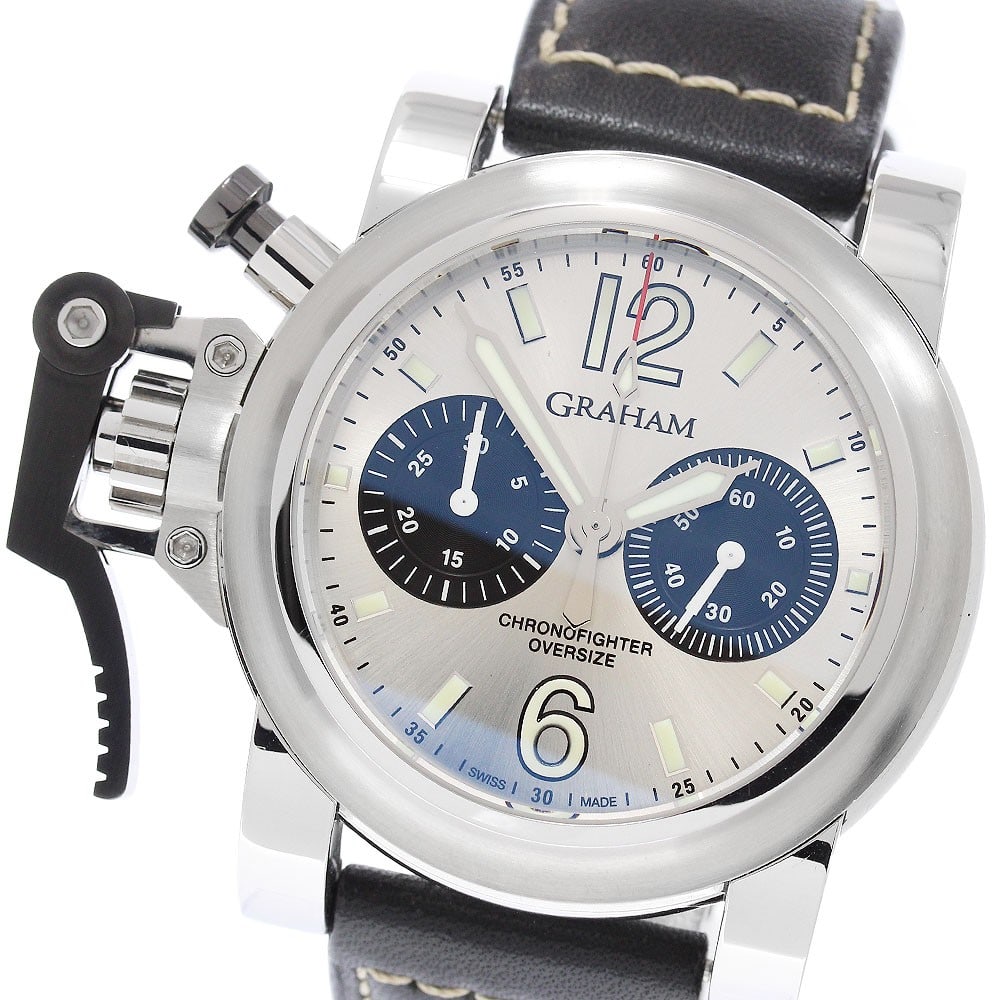 GRAHAM Chronofighter Oversize Automatic Mens Wristwatch 20VAS.S01A.L50B: GRAHAM Chronofighter Oversize Automatic Mens Wristwatch 20VAS.S01A.L50B Graham Chronofighter Oversize automatic men's wristwatch with a stainless steel case, silver and black dial, and leather strap. 
