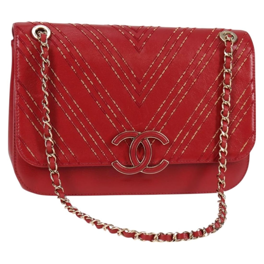 CHANEL V Stitch Lamb Skin Shoulder Bag Red Gold Chain CC: CHANEL V Stitch Lamb Skin Shoulder Bag Red Gold Chain CC Chanel V Stitch shoulder bag in red lamb skin with gold-tone CC chain detailing. Made in Italy, this women's shoulder bag includes a dust bag. 