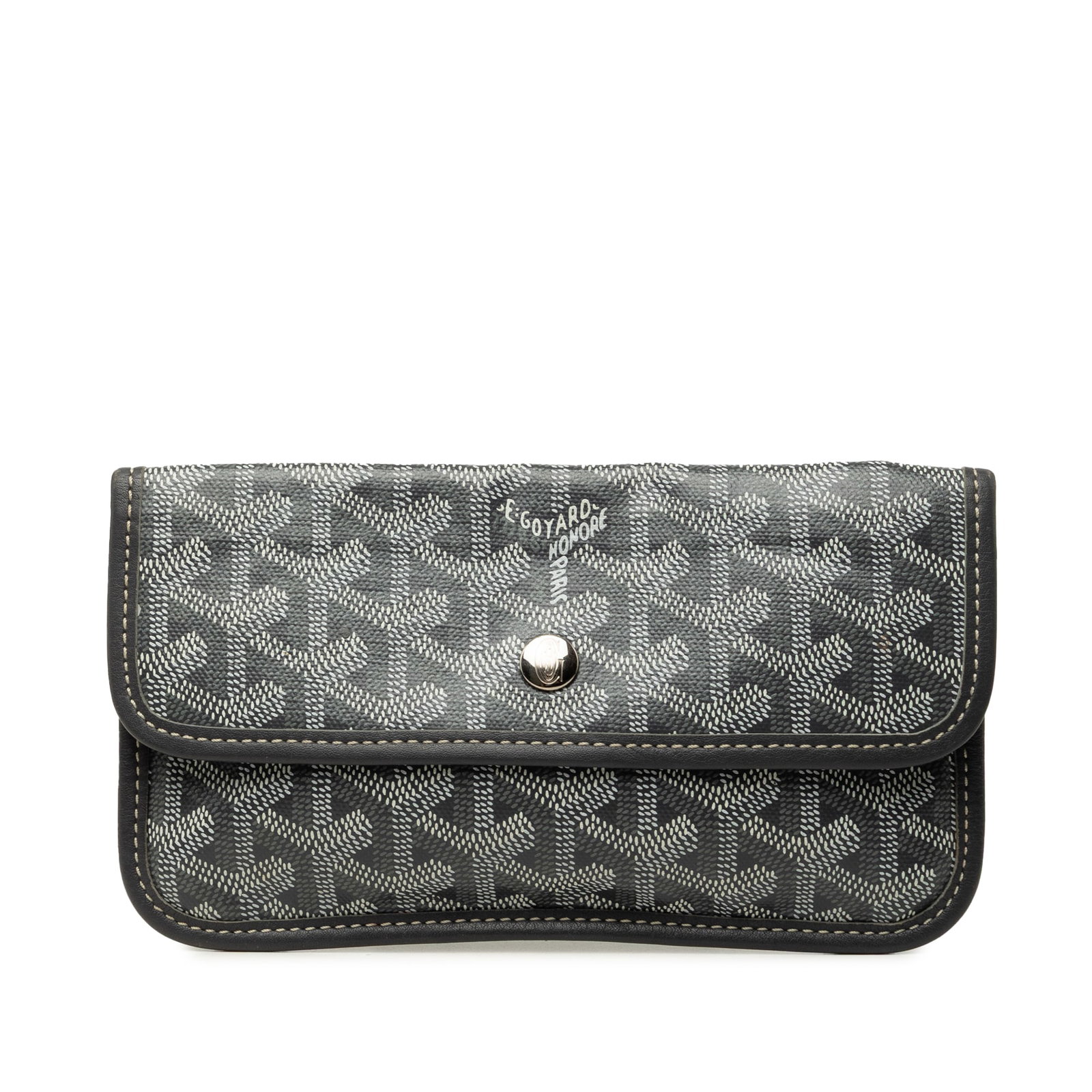 Gray coated canvas pouch Goyard Goyardine Saint Louis: Gray coated canvas pouch Goyard Goyardine Saint Louis A Goyardine Saint Louis pouch crafted with a coated canvas body and a top flap with snap button closure. Made in France, this gray small leather g