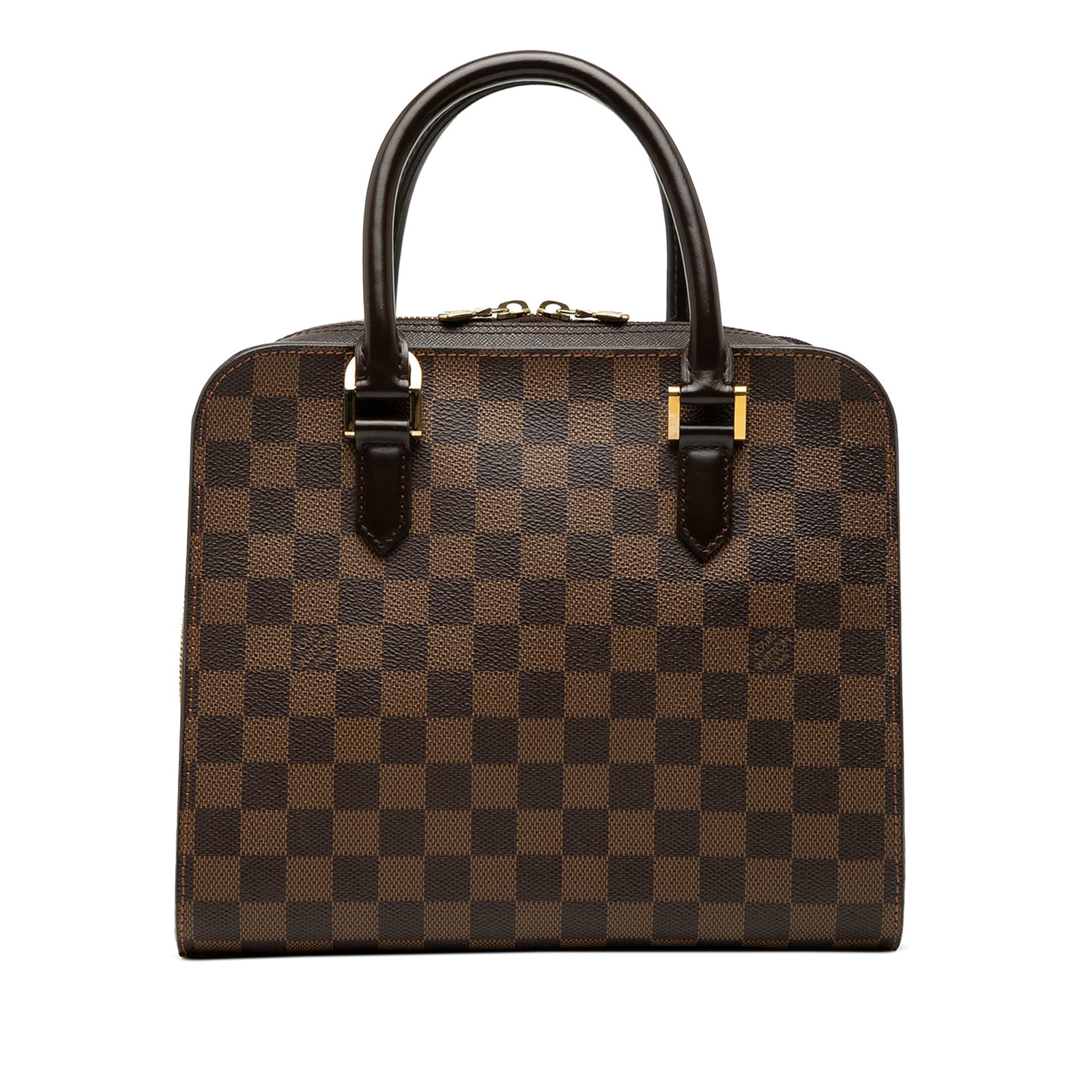 Louis Vuitton Triana handbag in Damier Ebene canvas: Louis Vuitton Triana handbag in Damier Ebene canvas A structured Louis Vuitton Triana handbag in Damier Ebene canvas with rolled leather handles and a top zip closure. The interior includes a zip pock