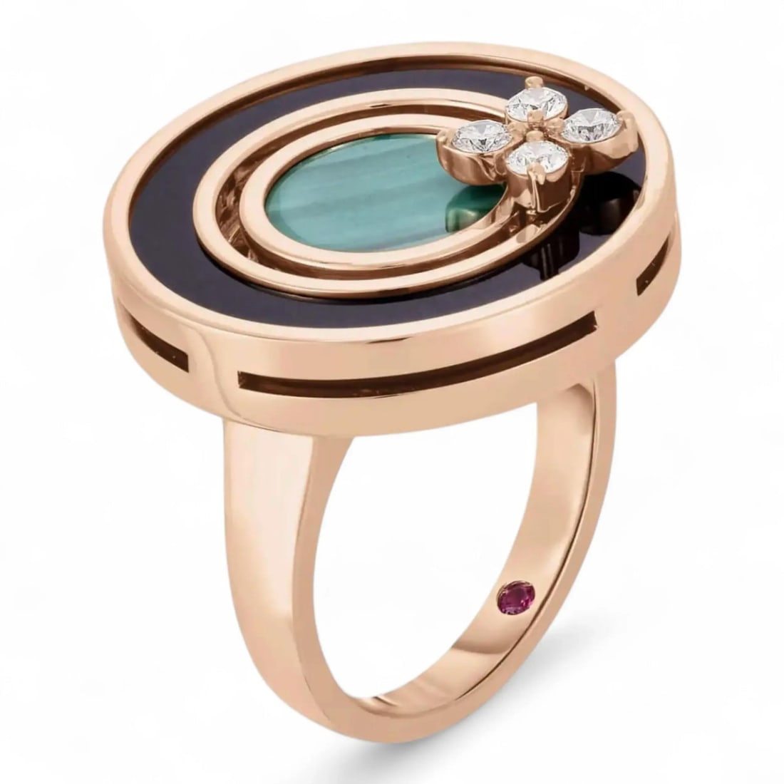 Roberto Coin Love in Verona 18K Rose Gold Ring Black Jade Malachite Diamonds: Roberto Coin Love in Verona 18K Rose Gold Ring Black Jade Malachite Diamonds This Roberto Coin Love in Verona ring showcases a vibrant and sophisticated design, expertly crafted in 18k rose gold. The 