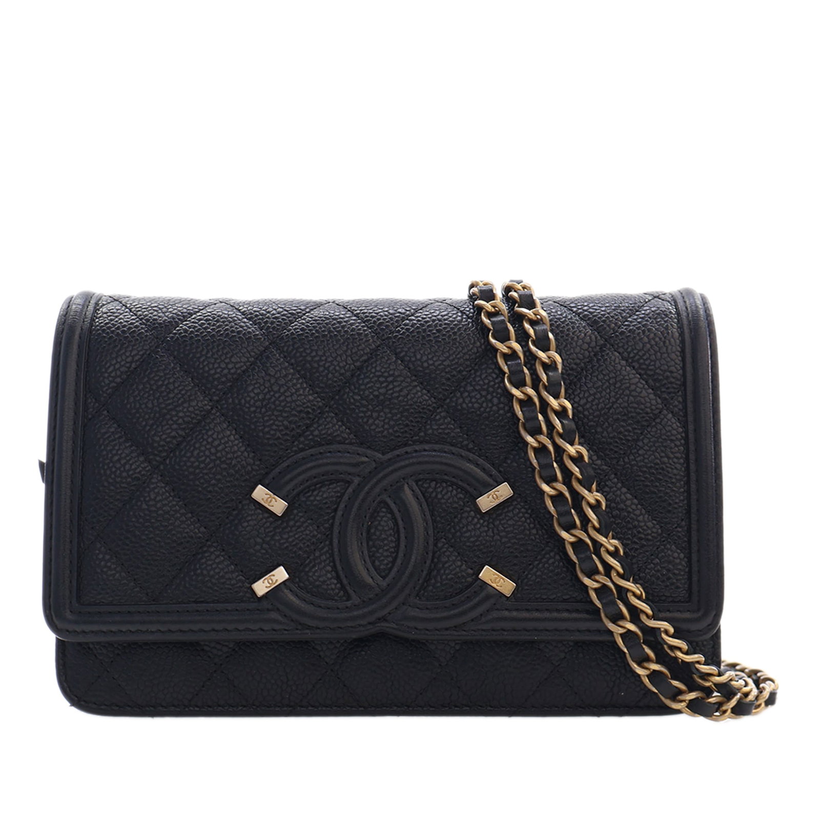Chanel CC Filigree Caviar Leather Wallet on Chain Black: Chanel CC Filigree Caviar Leather Wallet on Chain Black A Chanel Caviar CC Filigree Wallet On Chain in black quilted caviar leather. This bag features a leather-woven chain link strap, a front flap wi