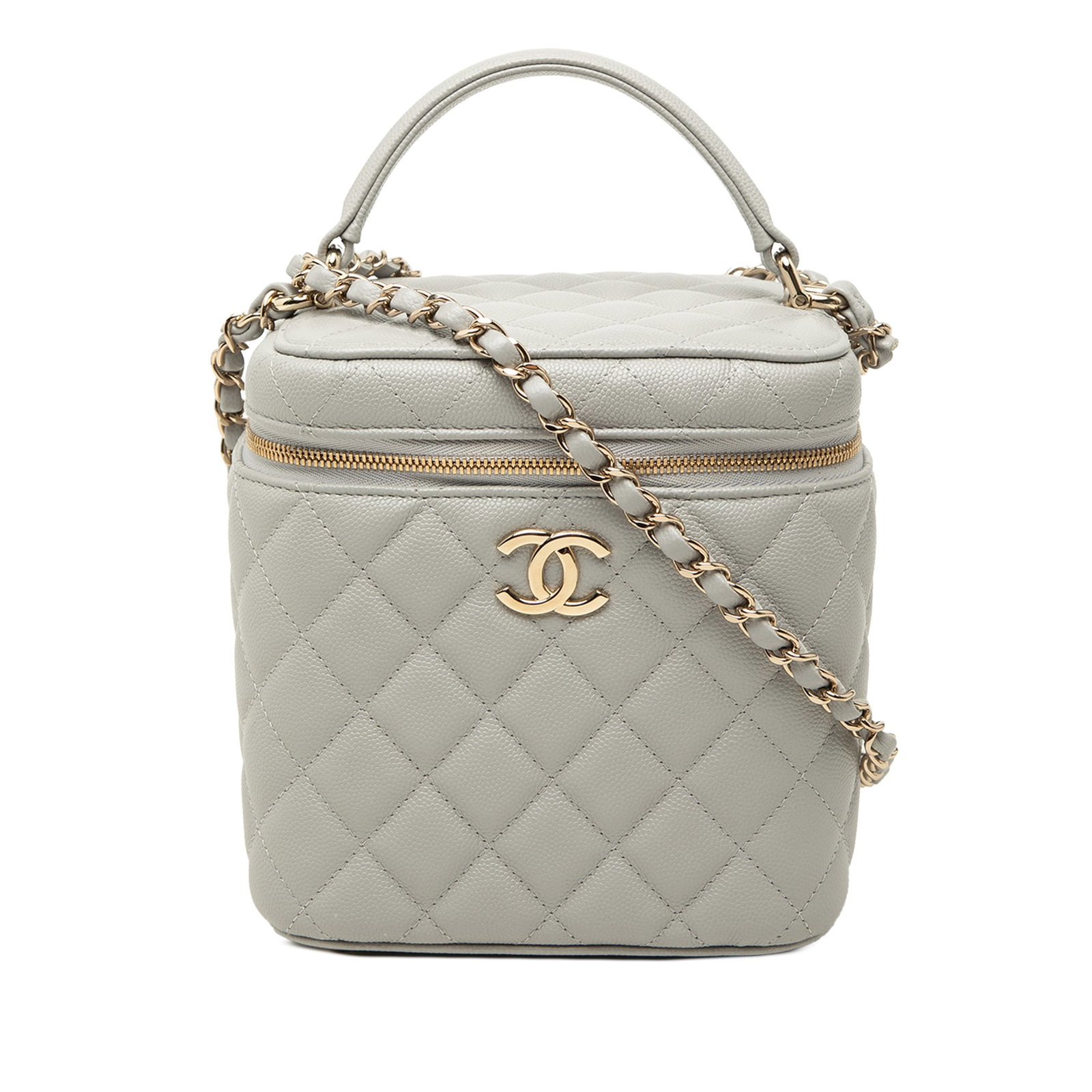 Chanel Small CC Vanity Case Gray Caviar Leather Chain Bag: Chanel Small CC Vanity Case Gray Caviar Leather Chain Bag A compact Chanel vanity case crafted in gray quilted caviar leather with a structured top handle and leather-woven chain strap. The zip-around