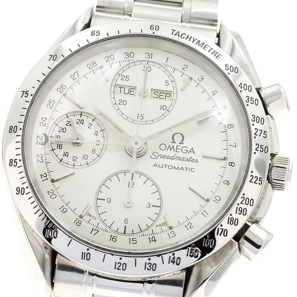 OMEGA Speedmaster 3521.30 mens automatic triple calendar wristwatch: OMEGA Speedmaster 3521.30 mens automatic triple calendar wristwatch Omega Speedmaster Triple Calendar automatic men's wristwatch with a stainless steel case and bracelet, silver dial, and automatic mo