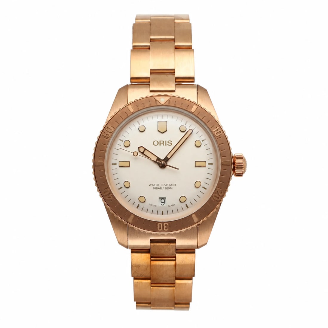 Oris Diver Sixty-Five Date mens bronze watch white dial 01 733 7771 3151-07 8 19 15: Oris Diver Sixty-Five Date mens bronze watch white dial 01 733 7771 3151-07 8 19 15 Unworn Oris Diver Sixty-Five Date wristwatch with a white dial and bronze case and bracelet. This men's automatic wa