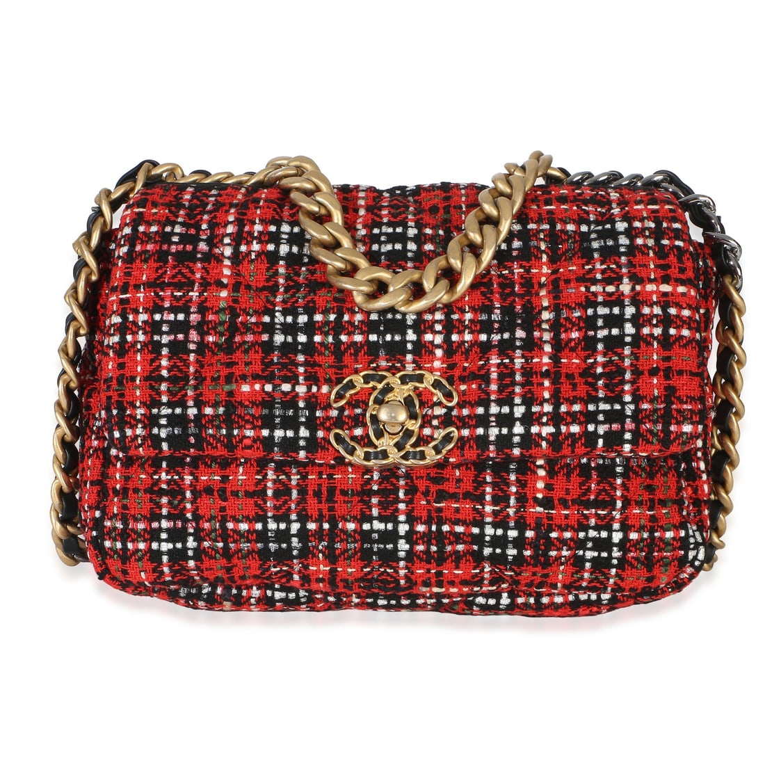 Chanel 19 Medium Flap Bag Red Black Quilted Tweed: Chanel 19 Medium Flap Bag Red Black Quilted Tweed Chanel 19 medium flap bag in red, black, and multicolor quilted tweed. This pre-owned bag features a turnlock closure, fabric lining, and a versatile 