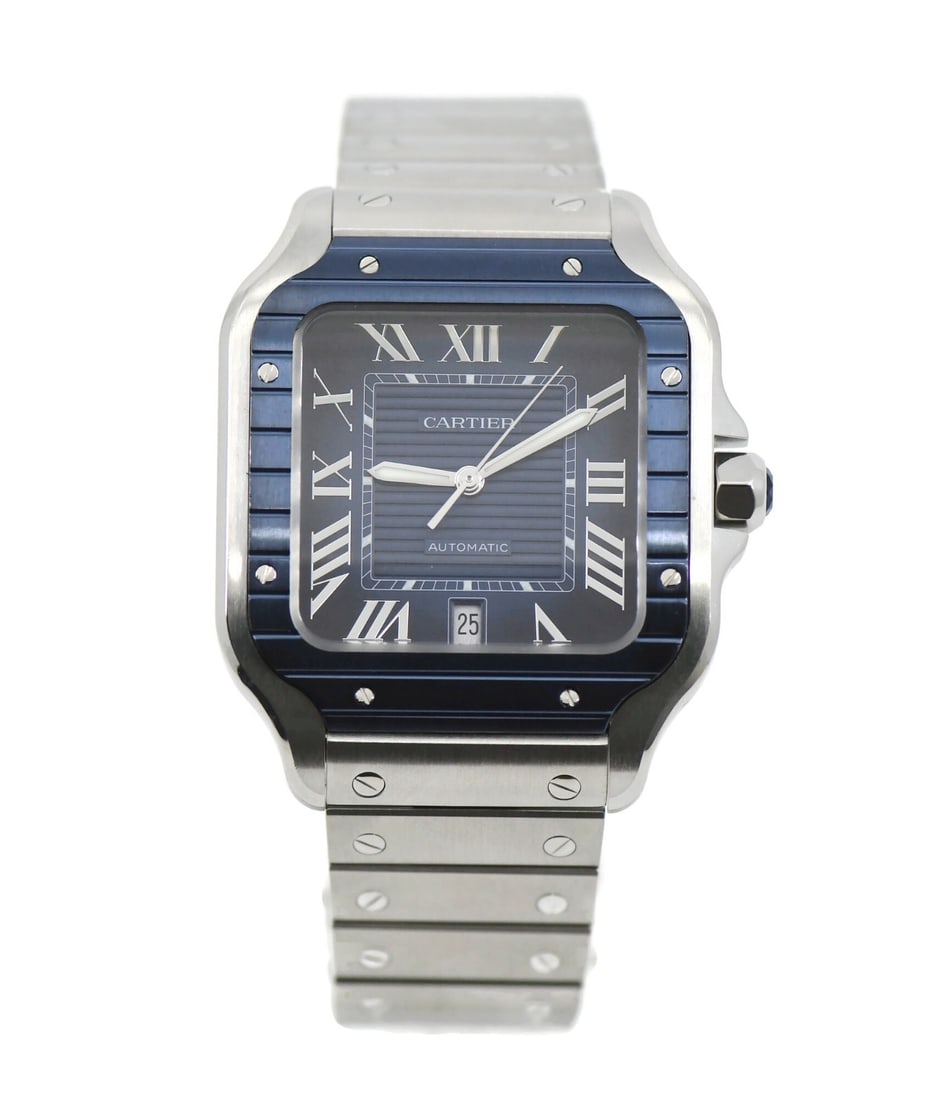 Cartier Santos WSSA0048 mens automatic stainless steel bracelet watch: Cartier Santos WSSA0048 mens automatic stainless steel bracelet watch Pre-owned Cartier Santos large wristwatch with a blue dial, Roman numeral hour markers, and a square stainless steel case. This au