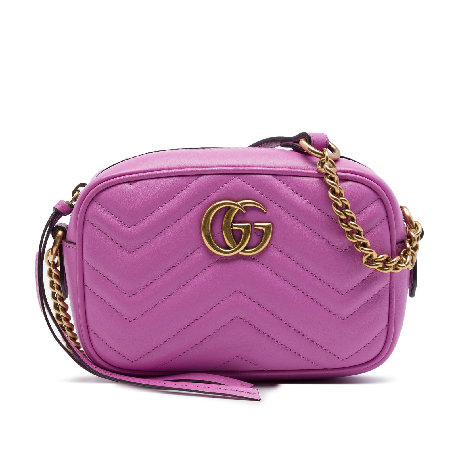 Gucci GG Marmont Mini Matelasse Leather Crossbody Bag Pink: Gucci GG Marmont Mini Matelasse Leather Crossbody Bag Pink A Gucci Mini GG Marmont Matelasse calfskin crossbody in pink with a quilted leather body, curb leather and chain shoulder strap, top zip clos