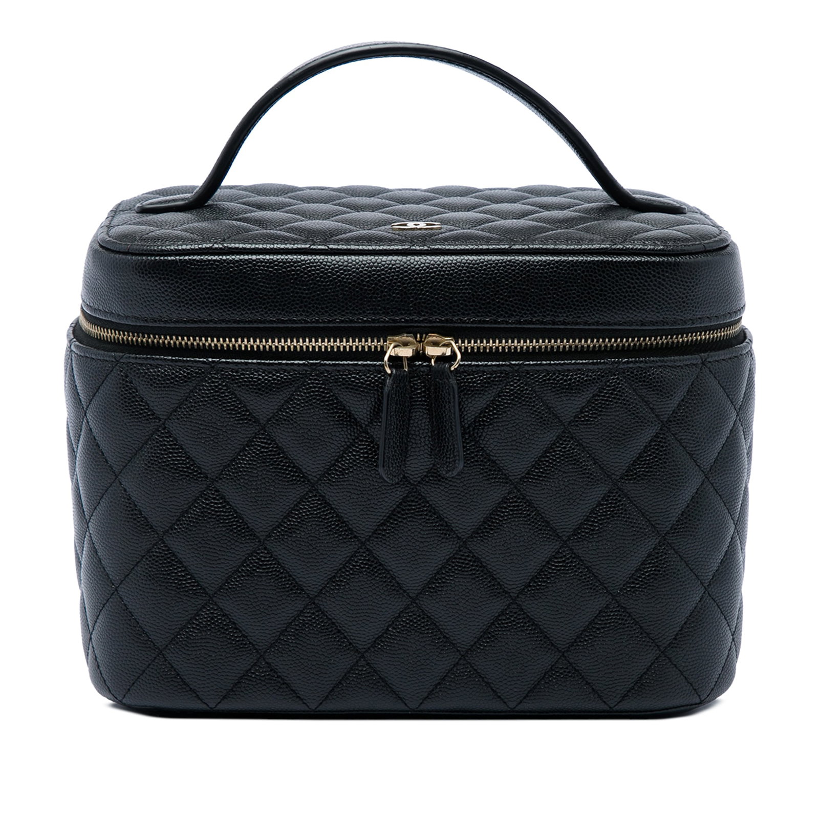 Chanel CC Vanity Case Black Quilted Leather Top Handle Bag: Chanel CC Vanity Case Black Quilted Leather Top Handle Bag Chanel CC Quilted Caviar Vanity Case in black leather with a quilted design, flat top handle, zip-around closure, and interior slip pockets. 