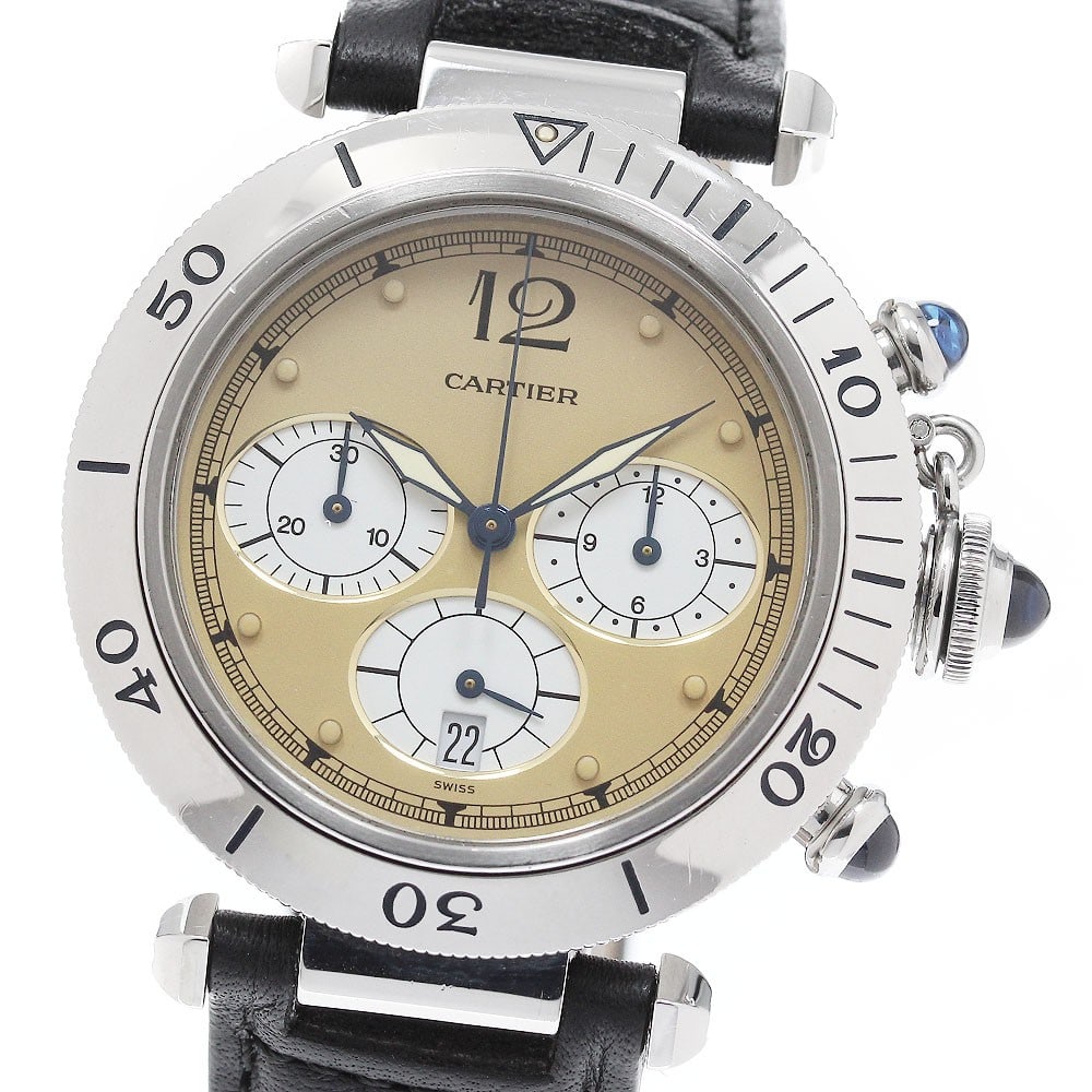 Cartier Pasha 38mm Mens Quartz Chronograph Watch Ref W3100355: Cartier Pasha 38mm Mens Quartz Chronograph Watch Ref W3100355 Cartier Pasha 38mm chronograph men's wristwatch with a quartz movement and stainless steel case. This watch features a beige/white dial wi