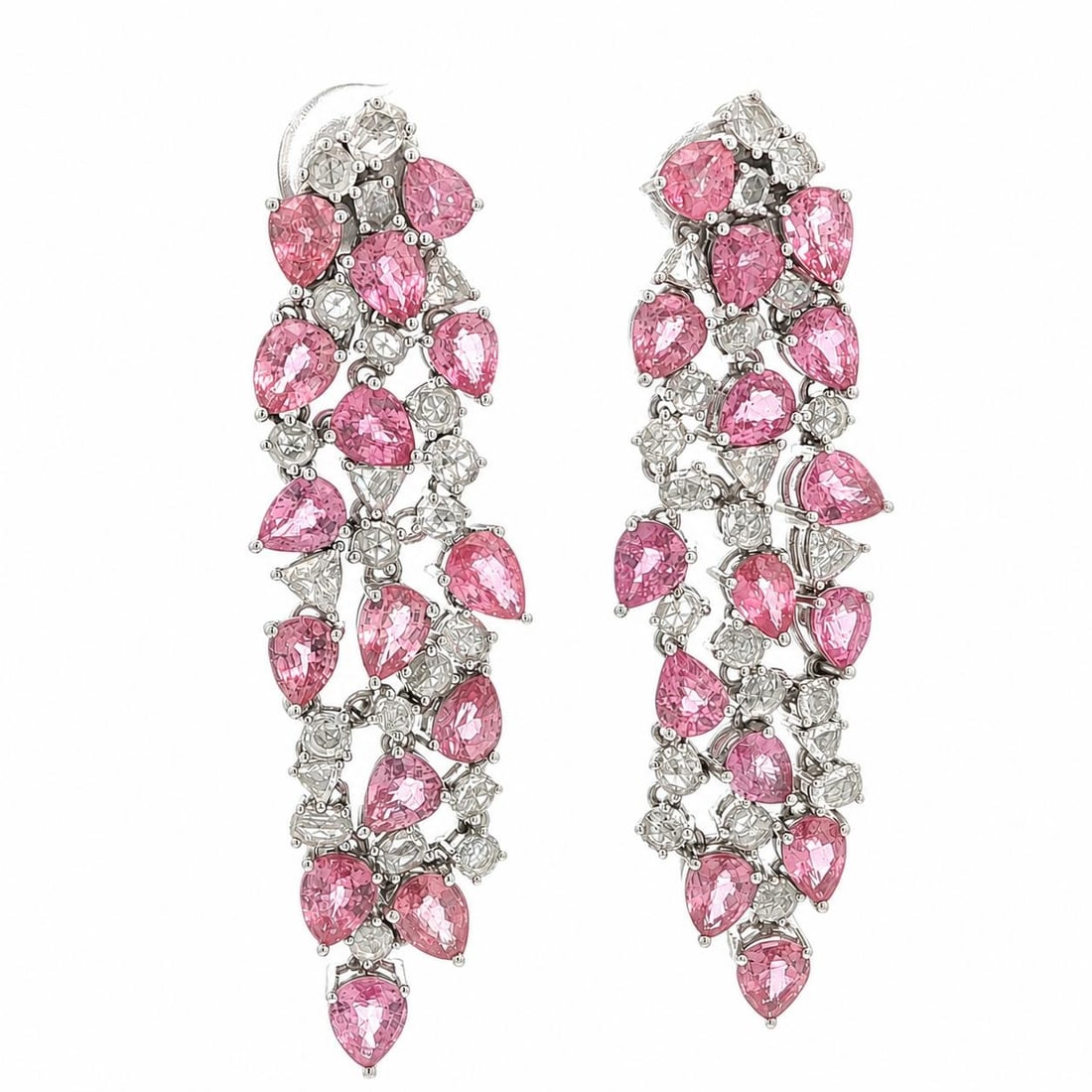 14k White Gold Chandelier Earrings with Pink Sapphire and Diamond GIA 11.40ctw: 14k White Gold Chandelier Earrings with Pink Sapphire and Diamond GIA 11.40ctw A pair of chandelier waterfall earrings crafted in solid 14k white gold, featuring natural pear-cut pink sapphires accent