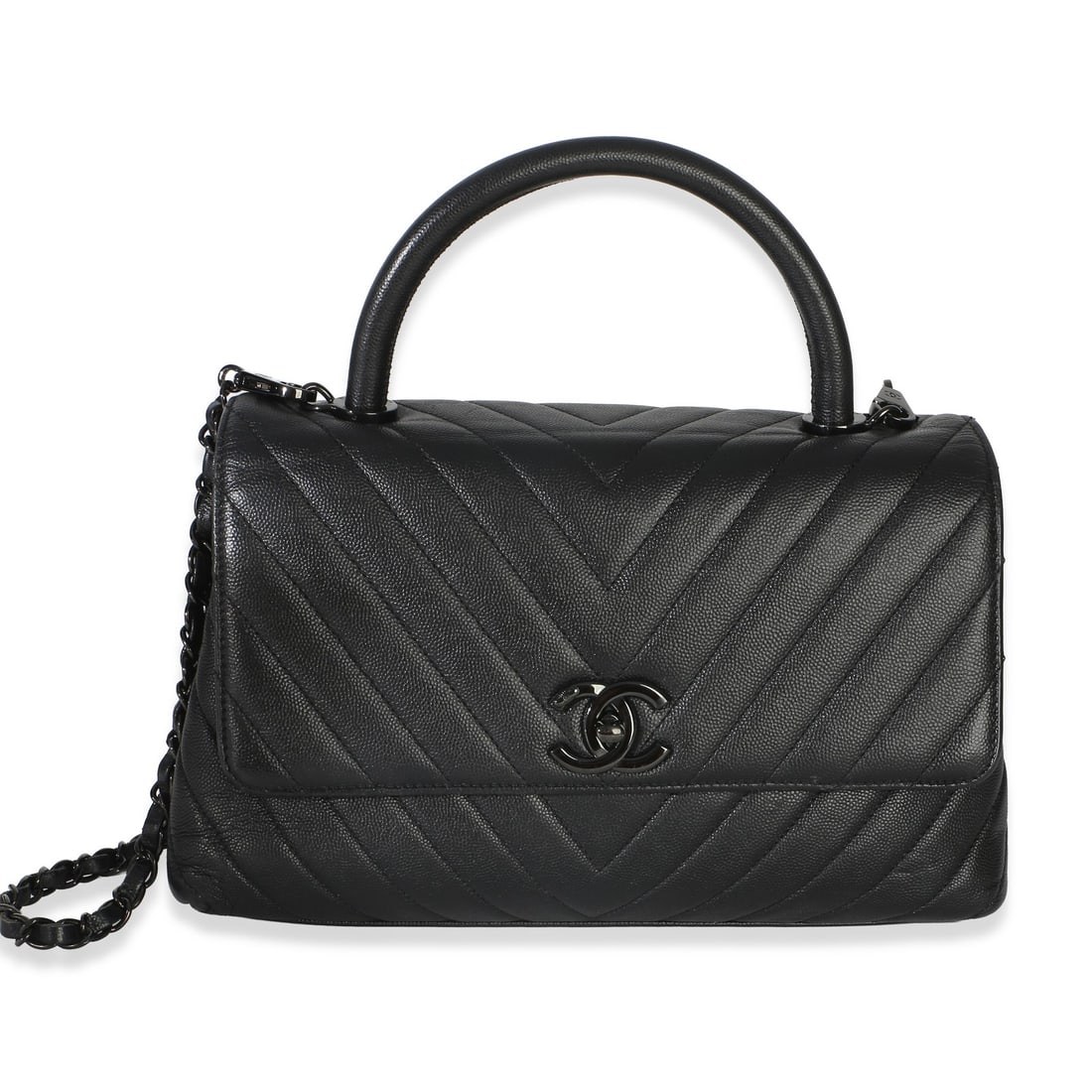 Chanel So Black Small Coco Top Handle Bag Black Caviar Leather: Chanel So Black Small Coco Top Handle Bag Black Caviar Leather A Chanel So Black Small Coco Top Handle Bag in black caviar chevron leather with matte-black hardware. This pre-owned bag features a turn