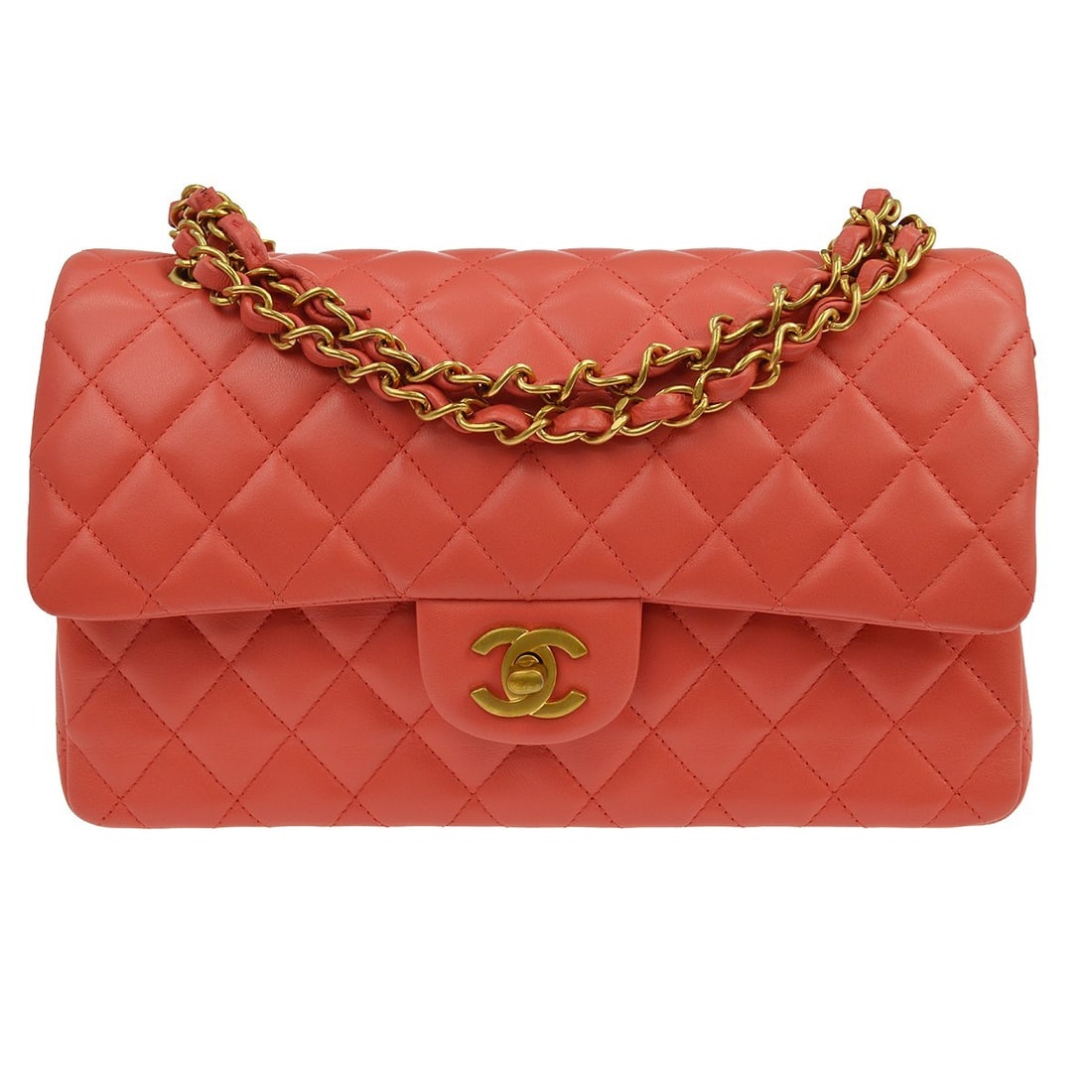 CHANEL Classic Double Flap Medium Shoulder Bag Pink Lambskin: CHANEL Classic Double Flap Medium Shoulder Bag Pink Lambskin Vintage Chanel Classic Double Flap medium shoulder bag in pink leather with the signature matelasse pattern and turnlock closure. Designed 