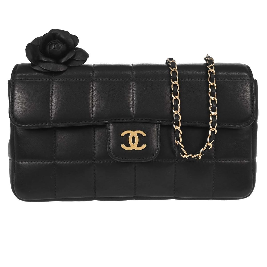CHANEL Choco Bar Camellia Lambskin Shoulder Bag Black: CHANEL Choco Bar Camellia Lambskin Shoulder Bag Black Chanel Choco Bar Camellia shoulder bag in black lambskin with a magnetic closure, logo accents, and an interior pocket. Made in France, this small