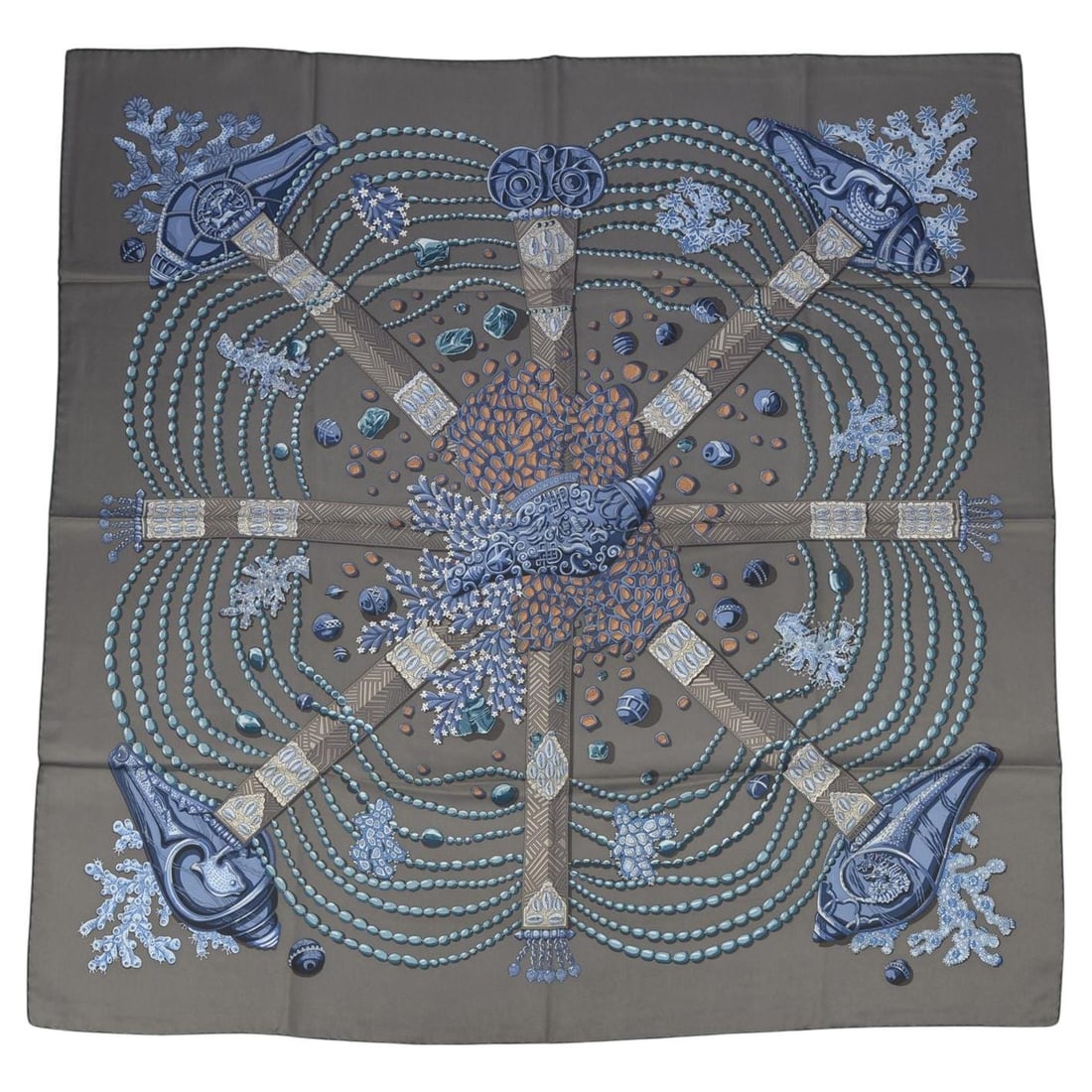 Hermes Chemins de Corail silk scarf 35 in France: Hermes Chemins de Corail silk scarf 35 in France Hermes "Chemins de Corail" scarf in 100% silk with hand-rolled edges, featuring a marine barrier reef design with coral and underwater motifs. Designed