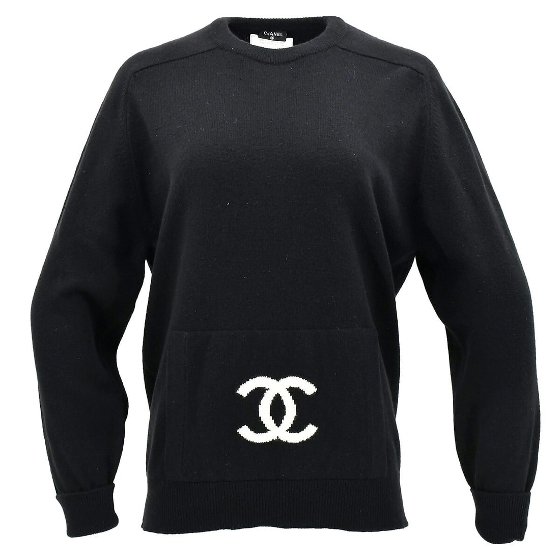 Vintage CHANEL Black Knit Long Sleeve Sweater Size 38: Vintage CHANEL Black Knit Long Sleeve Sweater Size 38 Vintage Chanel knit top in black with ivory detailing and a logo accent. This women's long-sleeve top features a round neckline, regular fit, and 