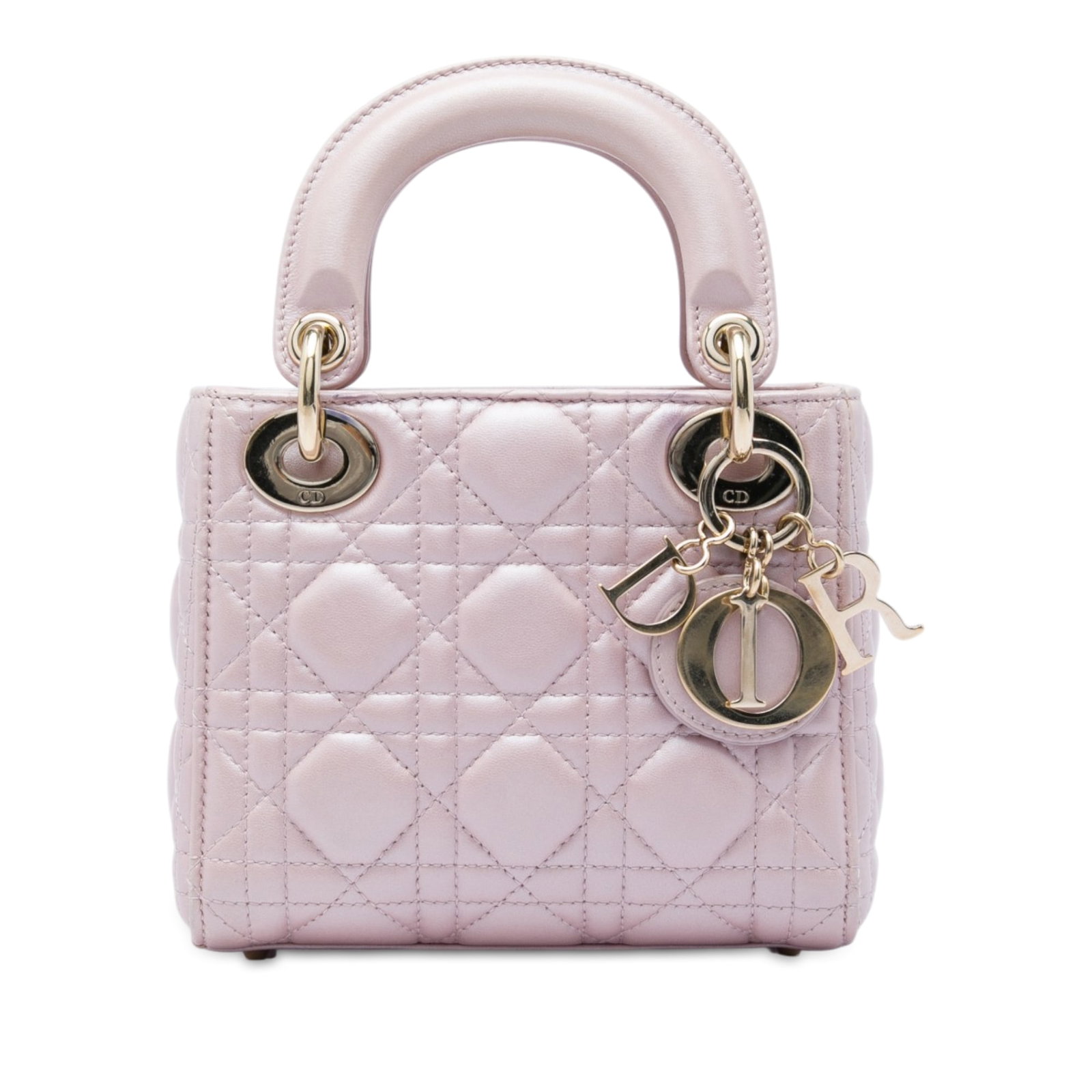 Dior Mini Lady Dior Pink Iridescent Cannage Lambskin Bag: Dior Mini Lady Dior Pink Iridescent Cannage Lambskin Bag A compact Lady Dior bag crafted in iridescent pink lambskin leather with Cannage quilting. This mini bag features flat leather top handles, a f