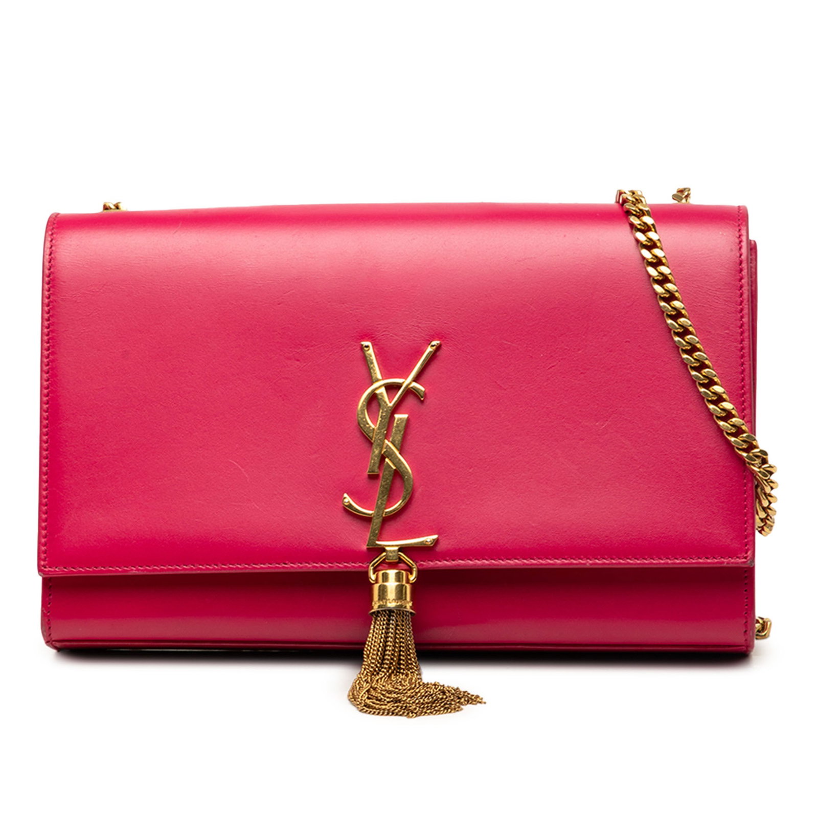 Saint Laurent Kate Medium Pink Leather Tassel Crossbody Bag: Saint Laurent Kate Medium Pink Leather Tassel Crossbody Bag A Saint Laurent Medium Smooth Calfskin Classic Monogram Kate Tassel Crossbody in pink leather. This crossbody bag features a tassel accent, 