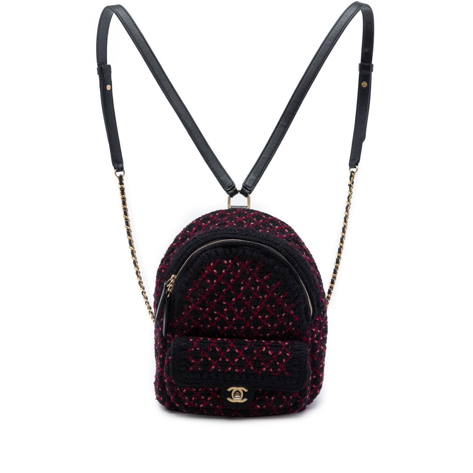 Chanel CC Pocket Mini Backpack in Black Quilted Tweed: Chanel CC Pocket Mini Backpack in Black Quilted Tweed A Chanel mini backpack crafted in black quilted tweed with the signature CC pocket design. It features adjustable tweed flat back straps, a top zi