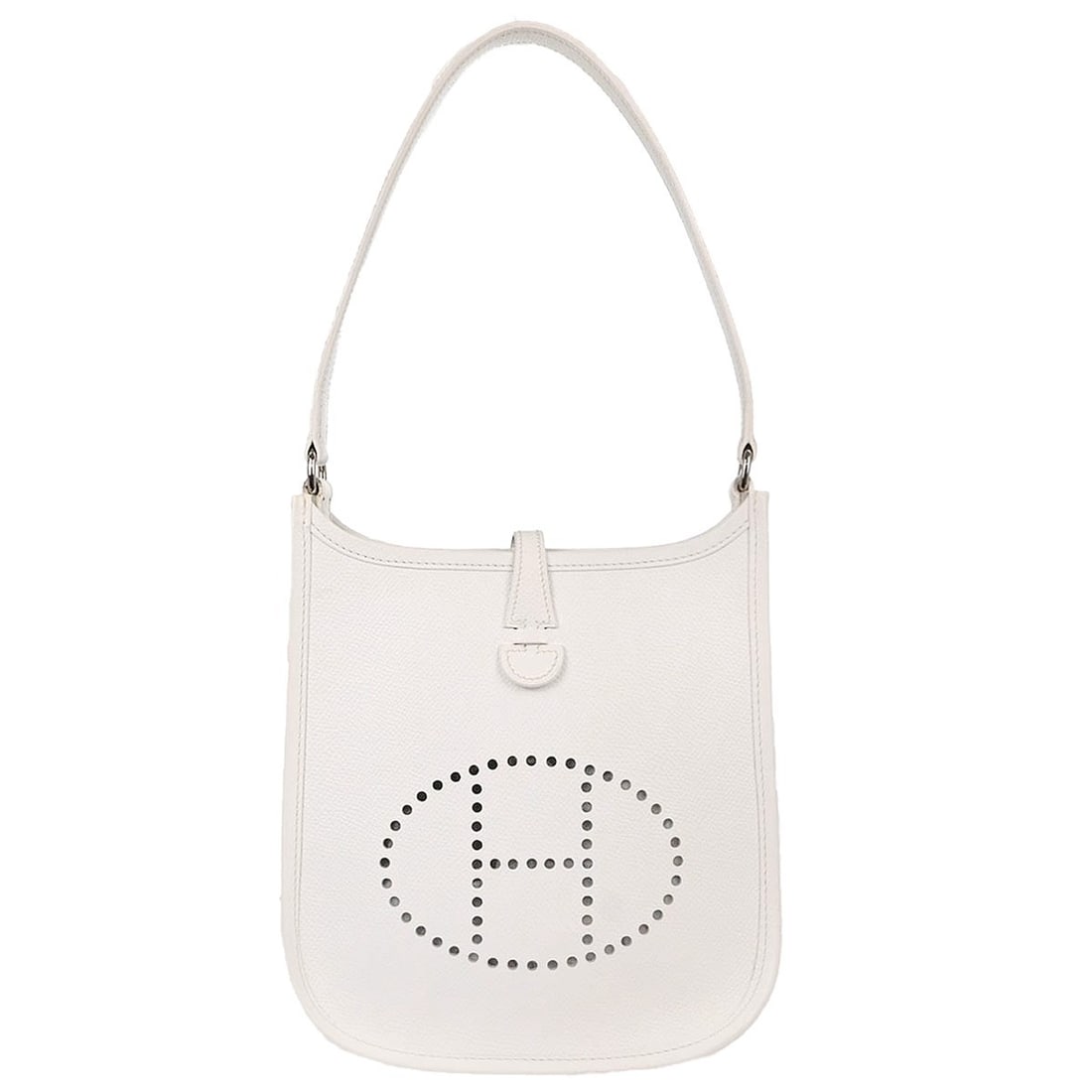 Hermes Evelyne TPM Mini White Epsom Leather Handbag: Hermes Evelyne TPM Mini White Epsom Leather Handbag Hermes Evelyne TPM handbag in white Epsom leather with logo accent and leather lining. This mini top handle bag features a snap closure and includes