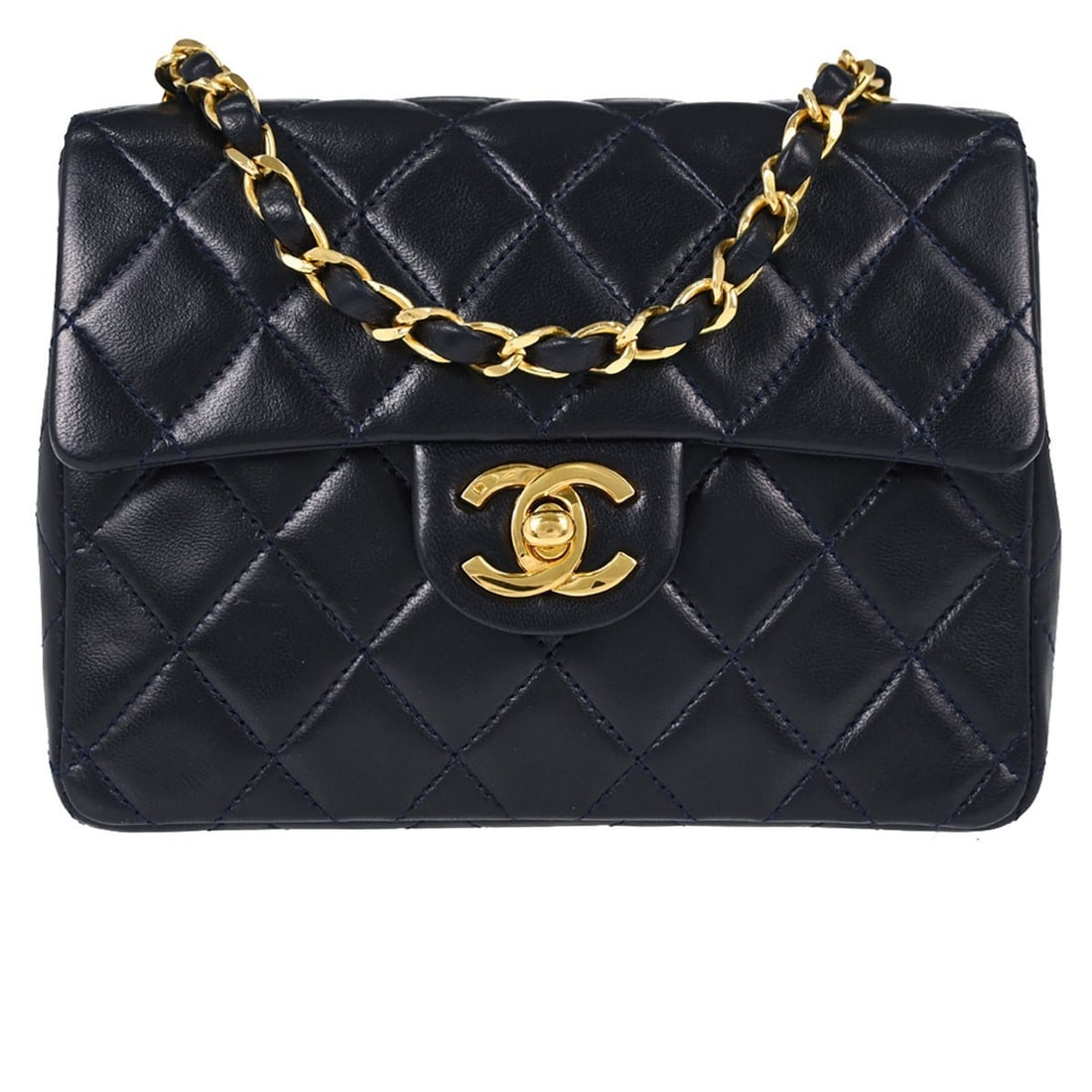 CHANEL Classic Flap Mini Square Lambskin Shoulder Bag Navy: CHANEL Classic Flap Mini Square Lambskin Shoulder Bag Navy Chanel Mini Classic Square Flap shoulder bag in navy lambskin leather with a matelasse quilted finish and flap turnlock closure. This small s