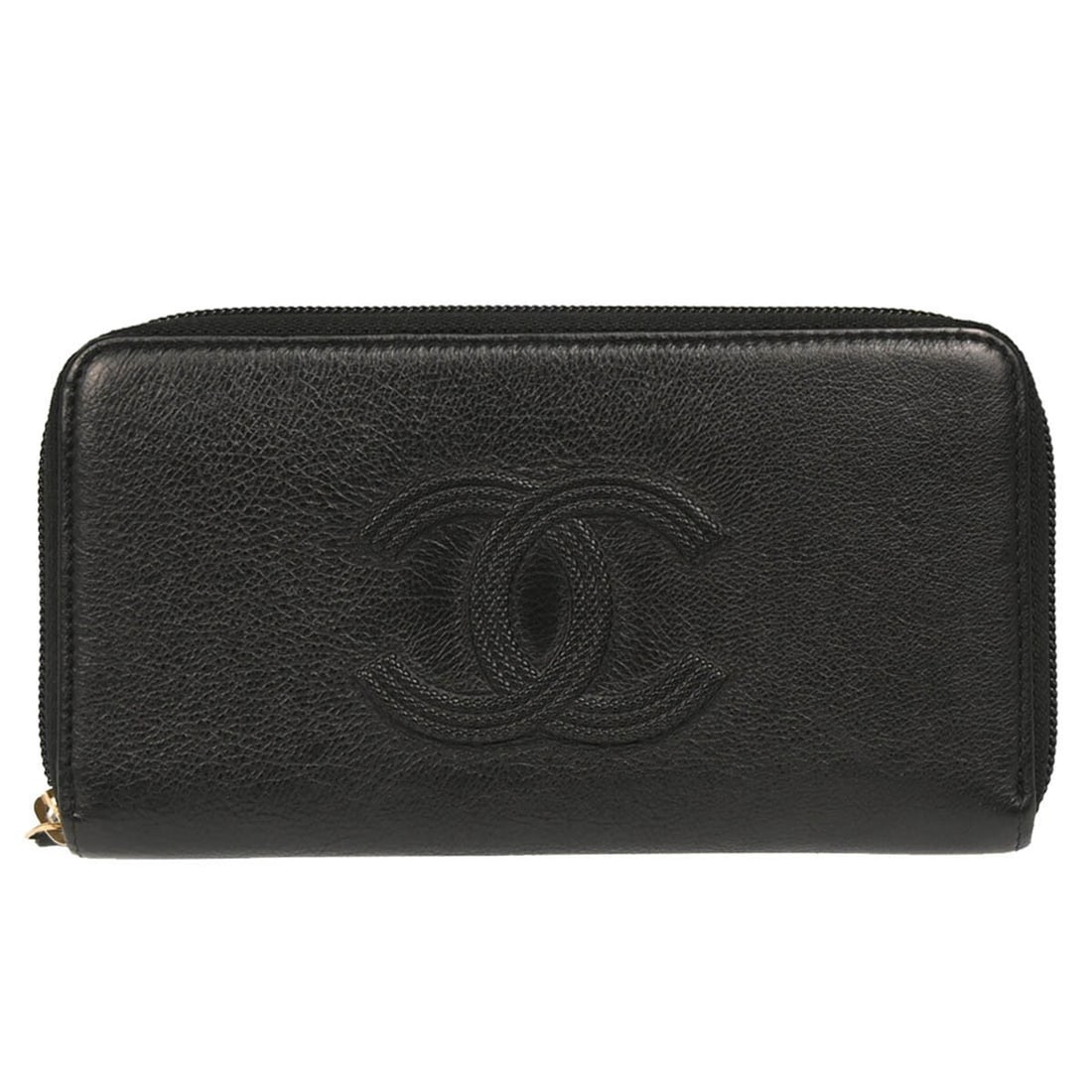 CHANEL Zip Around Wallet in Black Calfskin Leather: CHANEL Zip Around Wallet in Black Calfskin Leather Black calfskin zip-around wallet with a streamlined design and embossed logo detail. The interior is organized with multiple card slots, pockets, and