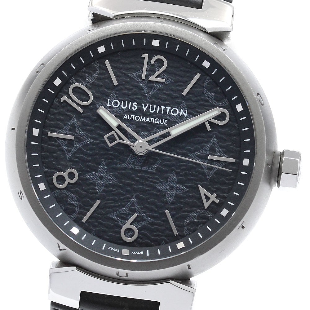 Louis Vuitton QA140 Tambour GM men's automatic wristwatch: Louis Vuitton QA140 Tambour GM men's automatic wristwatch Louis Vuitton Tambour Automatic GM Monogram Eclipse wristwatch for men with an automatic movement and gray dial. The watch shows minor scratch