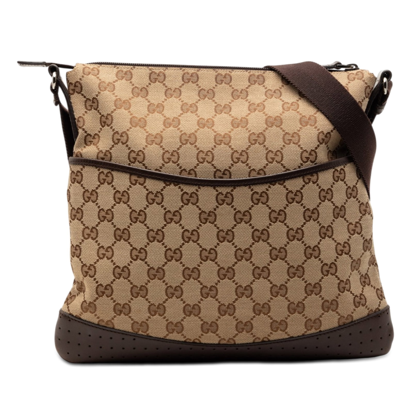 Gucci GG Canvas Beige Crossbody Bag: Gucci GG Canvas Beige Crossbody Bag This Gucci GG Canvas Crossbody features a beige canvas body accented with perforated leather trim. The bag is designed with an adjustable flat strap, a top zip clos