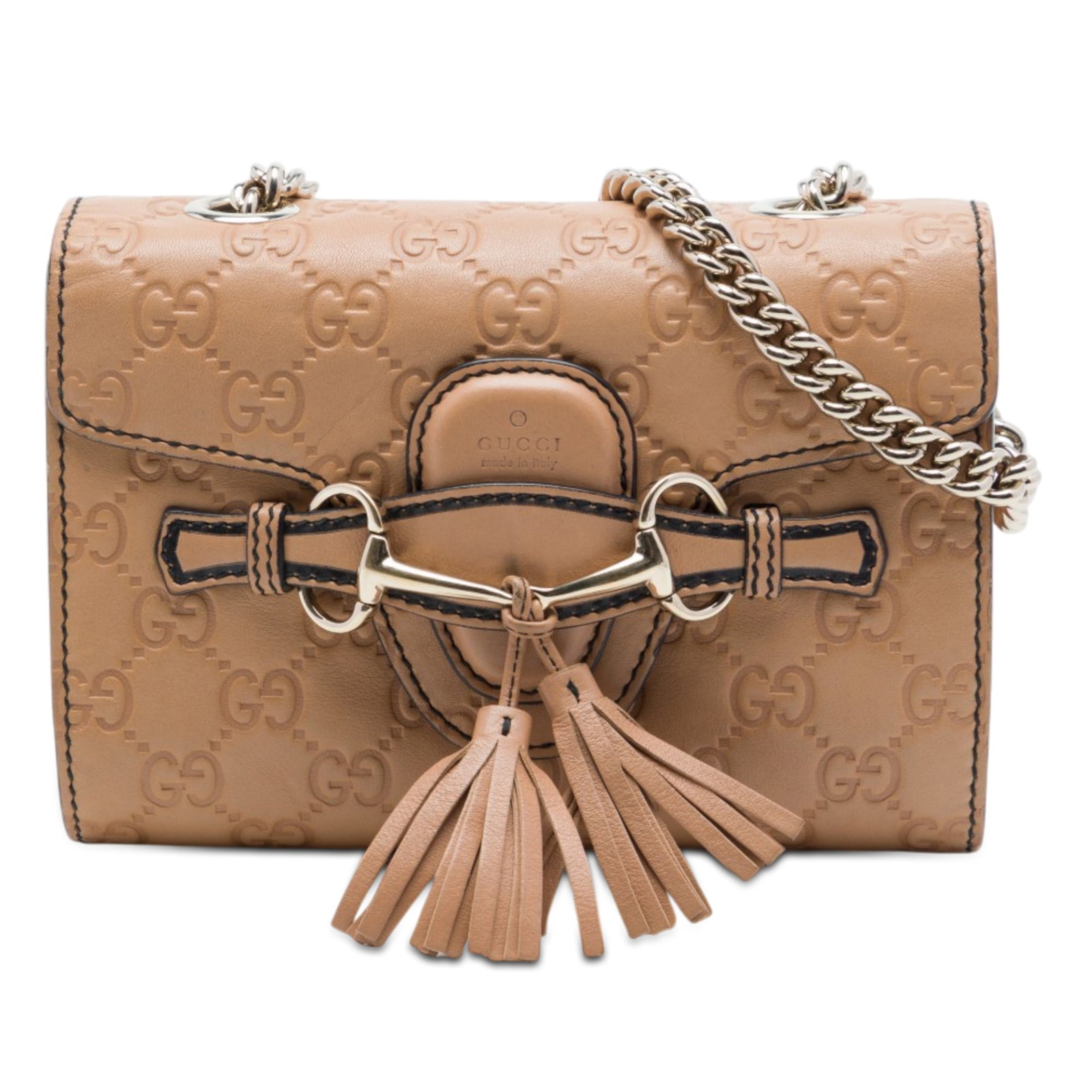 Gucci Emily Mini Guccissima Leather Crossbody Bag Brown: Gucci Emily Mini Guccissima Leather Crossbody Bag Brown A compact Gucci Mini Guccissima Emily crossbody in brown embossed leather. This bag features a chain link strap with a leather guard, a front fl