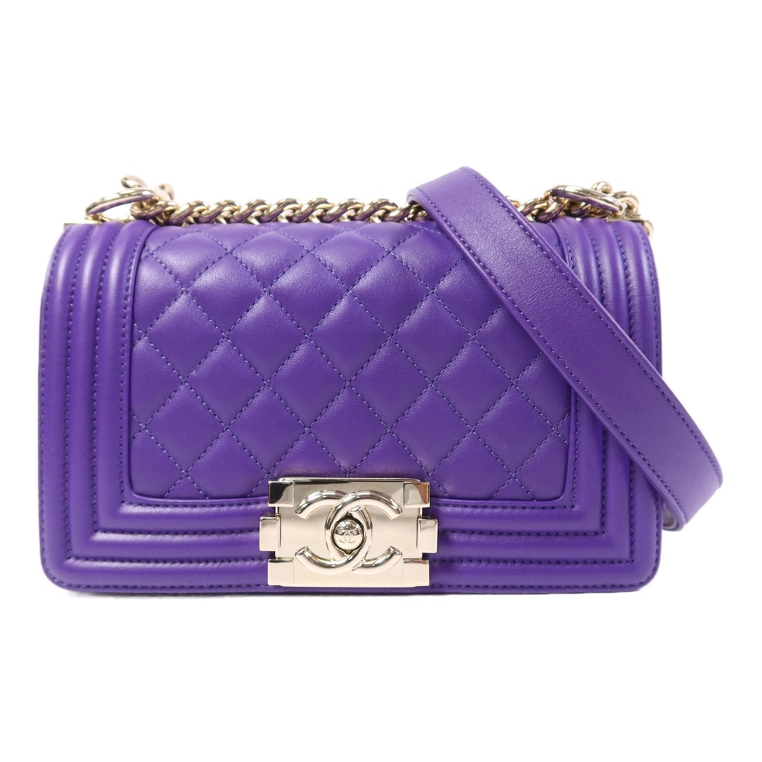 CHANEL Boy 20cm Purple Lambskin Chain Shoulder Bag CC GHW: CHANEL Boy 20cm Purple Lambskin Chain Shoulder Bag CC GHW Purple Chanel Boy shoulder bag crafted in lambskin leather with CC GHW styling. This women's shoulder bag features a flap design with one open