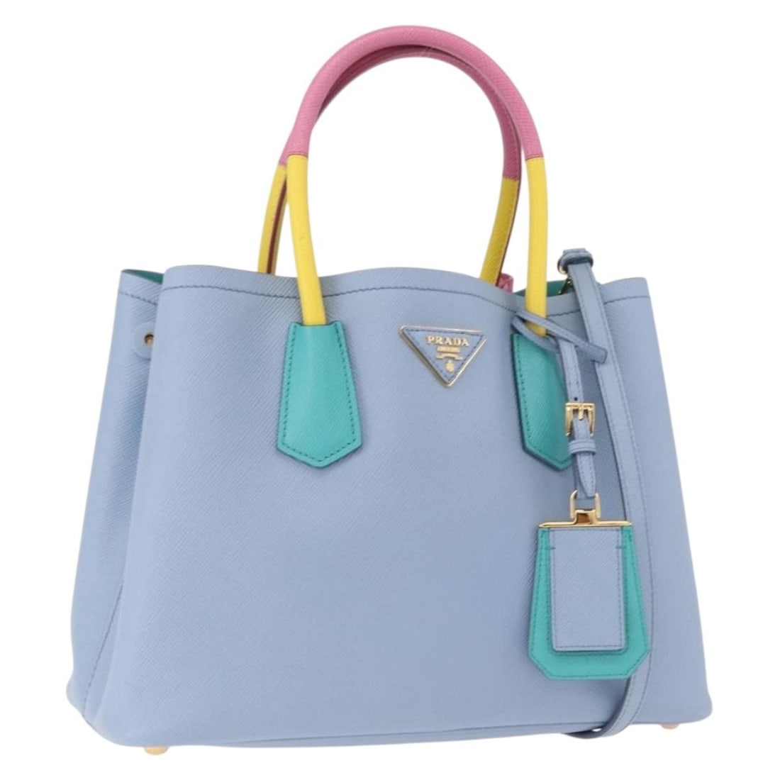 PRADA Saffiano Leather 2 Way Handbag Light Blue Gold Tone: PRADA Saffiano Leather 2 Way Handbag Light Blue Gold Tone Prada Saffiano leather 2-way handbag in light blue with gold-tone accents. Designed for women, this bag is made in Italy and includes a dust b