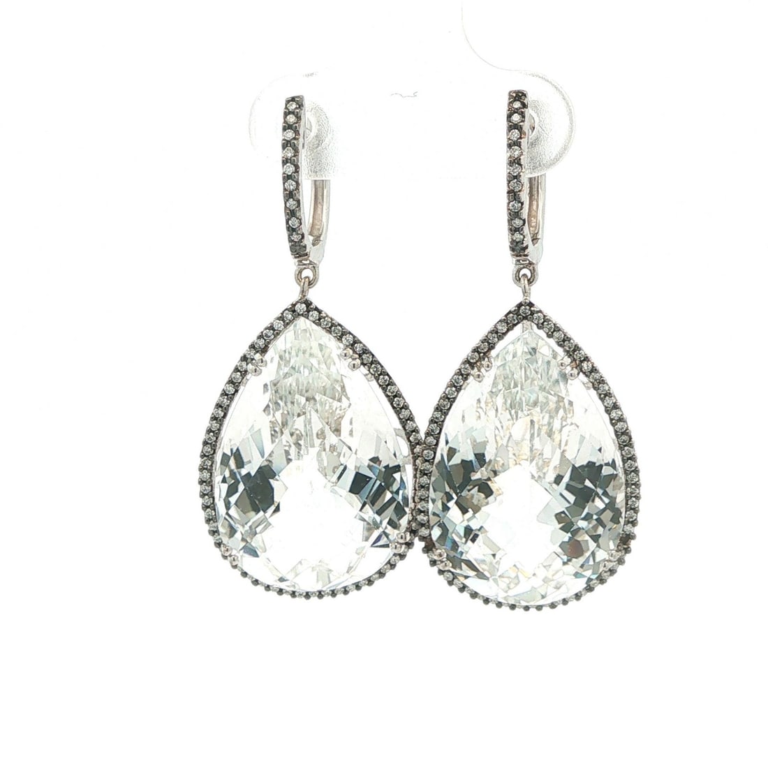 White Topaz Sapphire 14k Gold Drop Earrings Black Rhodium: White Topaz Sapphire 14k Gold Drop Earrings Black Rhodium These elegant earrings feature pear-shaped checkerboard-cut natural white topaz stones, each measuring approximately 22x15mm, set in solid 14k