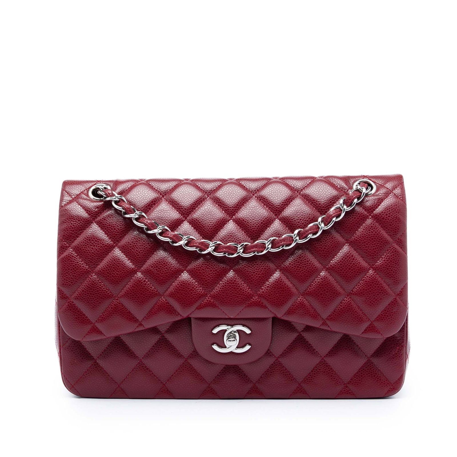Chanel Jumbo Classic Double Flap Shoulder Bag Red Caviar Leather: Chanel Jumbo Classic Double Flap Shoulder Bag Red Caviar Leather A Chanel Jumbo Classic Caviar Double Flap shoulder bag in red quilted caviar leather. It features leather-woven chain straps, a double 