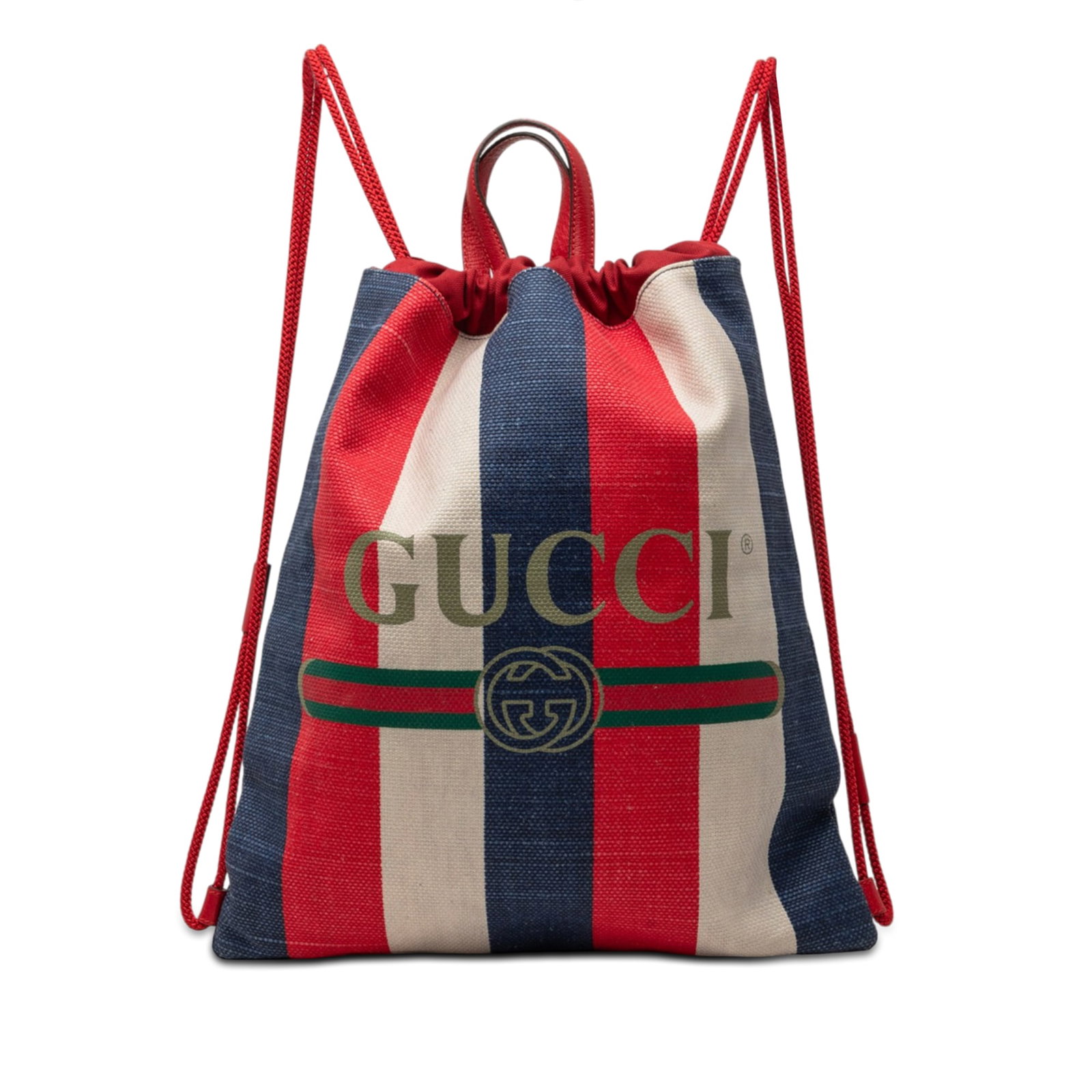 Gucci Baiadera Striped Canvas Drawstring Backpack: Gucci Baiadera Striped Canvas Drawstring Backpack Gucci Baiadera striped drawstring backpack crafted with a canvas body and leather top handles. The design includes rolled back straps, a top drawstrin
